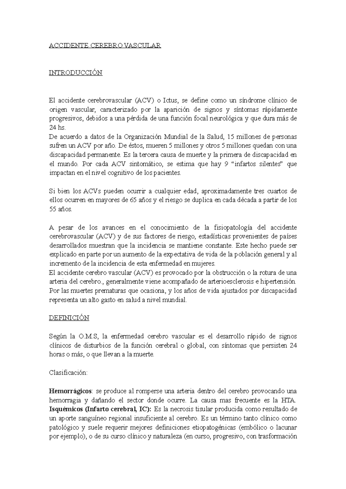 Ictus - Apuntes sobre ACV: Definición, Síntomas y Tratamiento - Document Preview