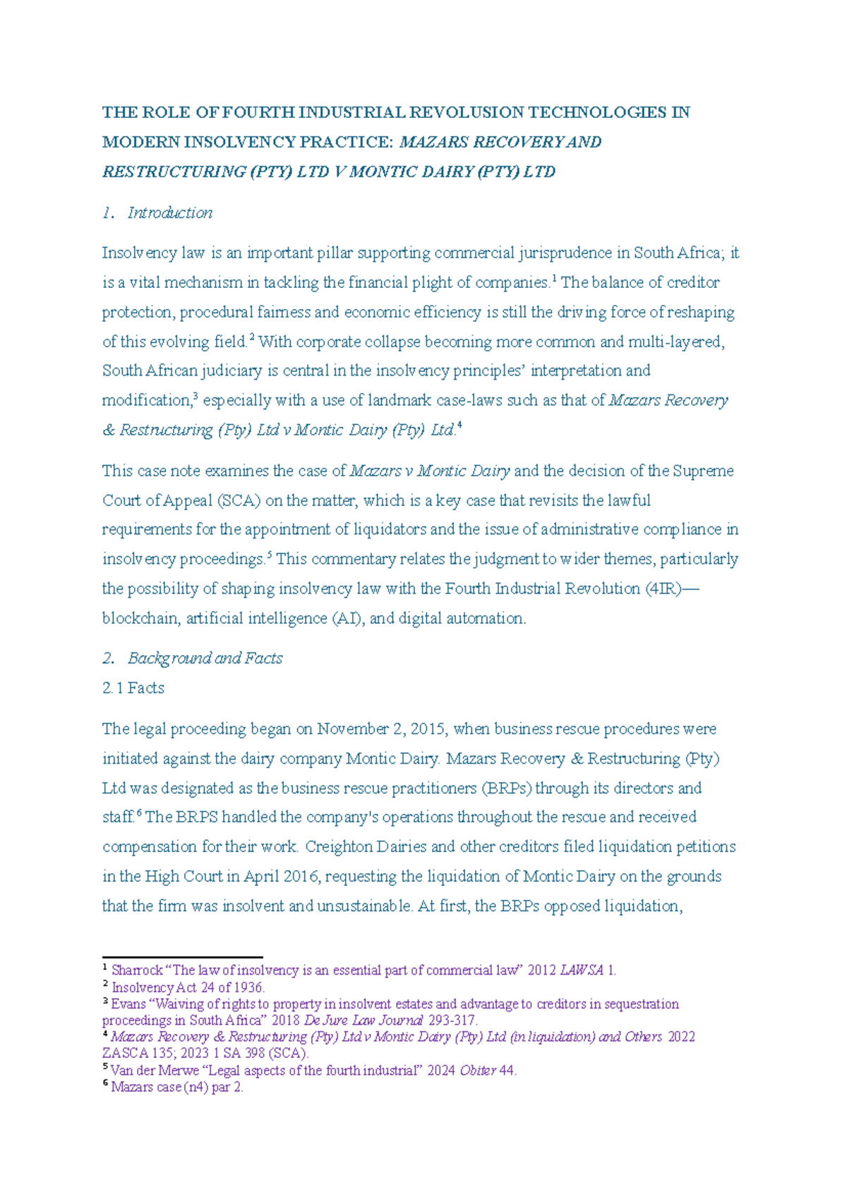 Insolvency Case Note: The Impact of 4IR on Mazars v Montic Dairy (PTY ...