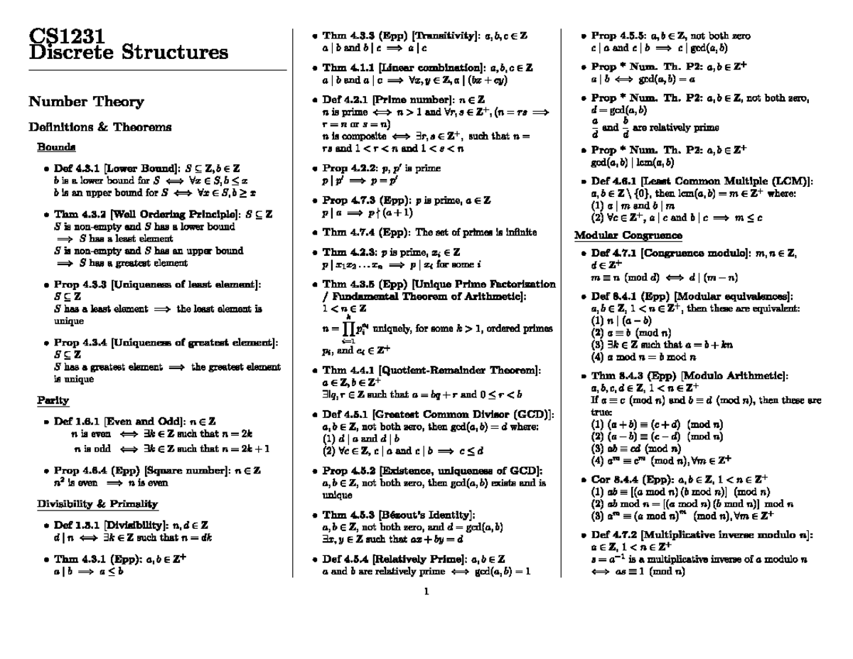 CS1231 Midterm Exam Notes on Discrete Structures and Number Theory ...