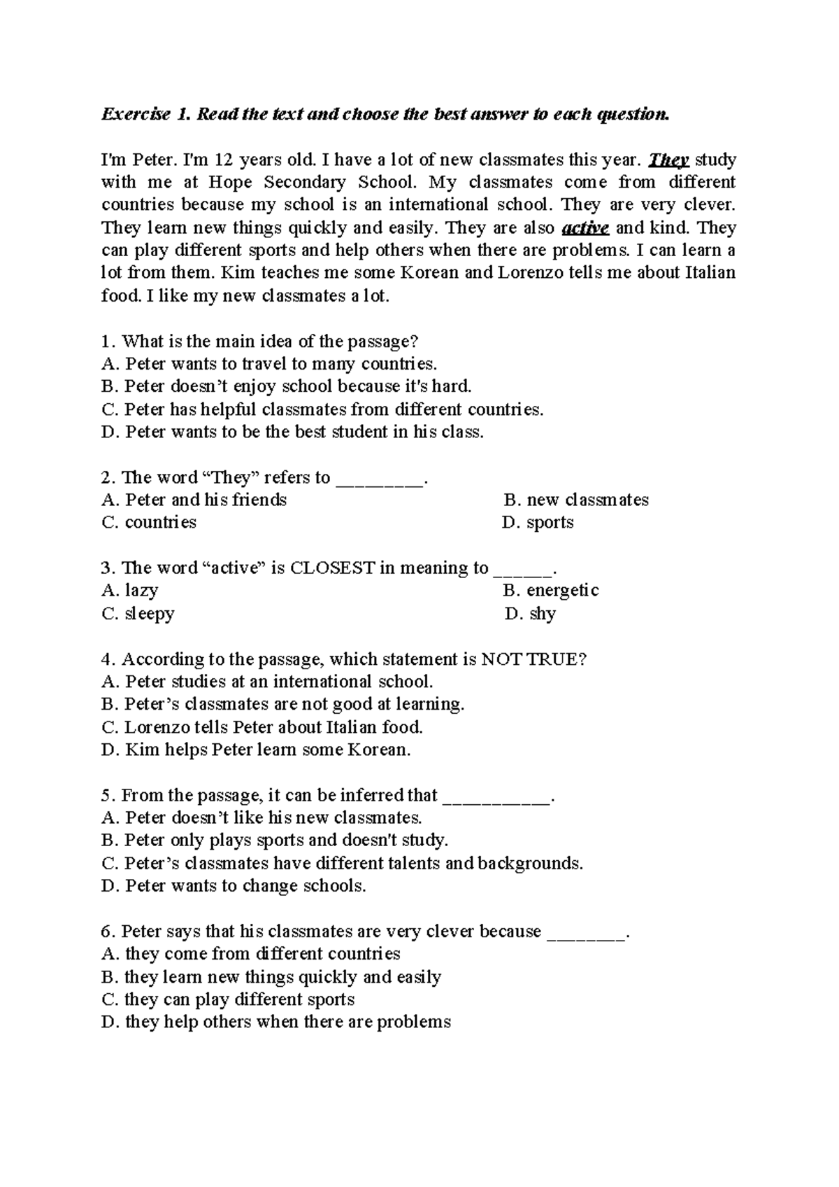 Exercise 1-5: Reading Comprehension Questions and Vocabulary Check ...