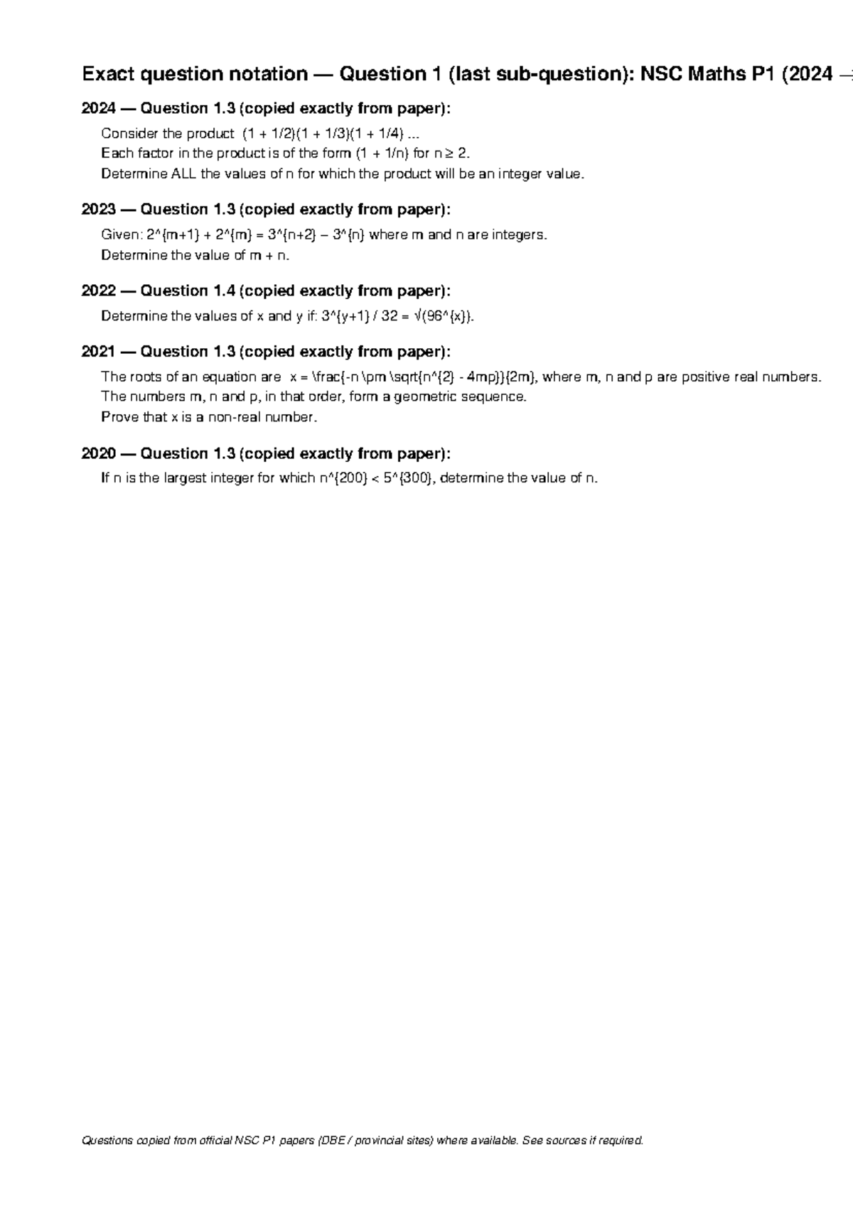 NSC Maths P1 Exact Notation Q1 (2020-2024) - Studocu