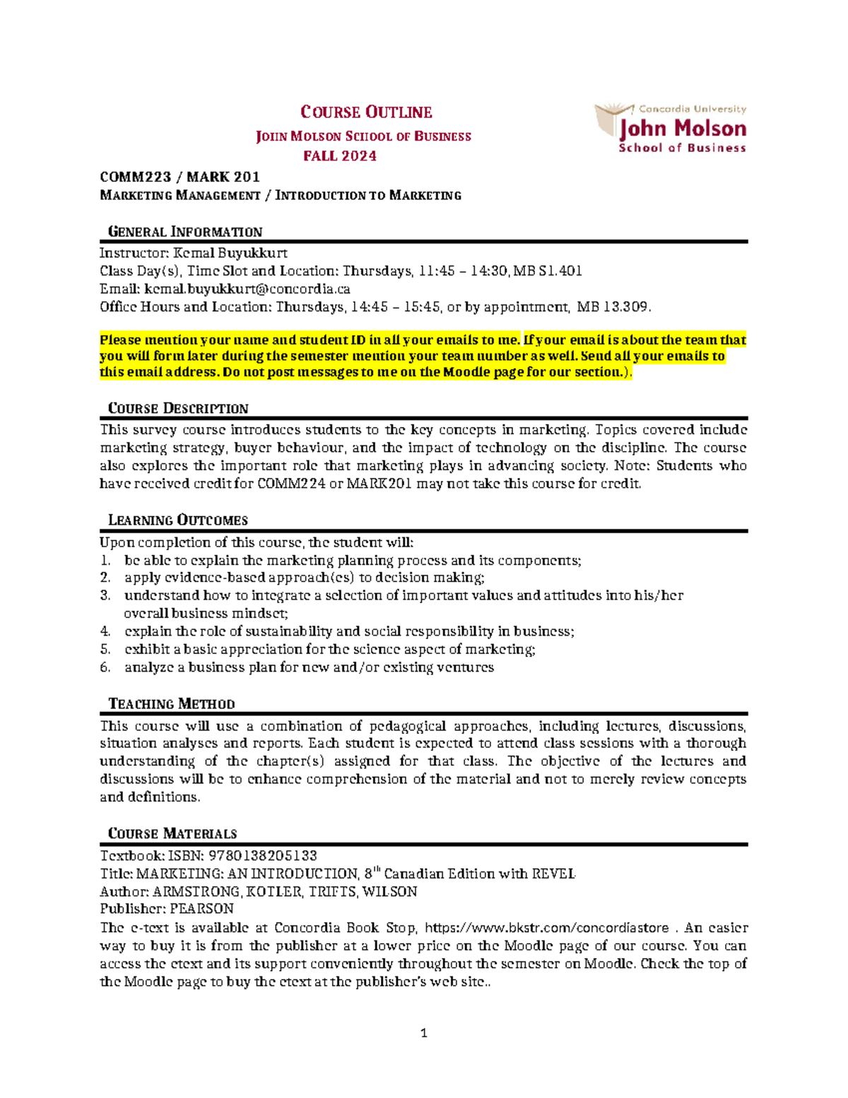 Course Outline for COMM223: Marketing Management - Fall 2024 - Studocu