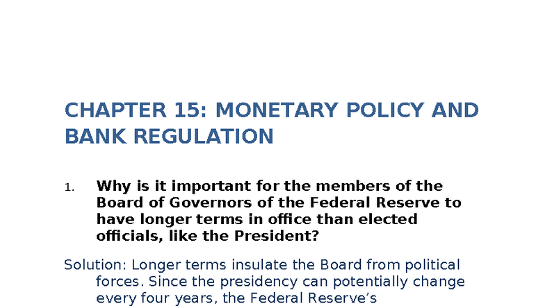 CHAPTER 15: MONETARY POLICY & BANK REGULATION OVERVIEW - Studocu