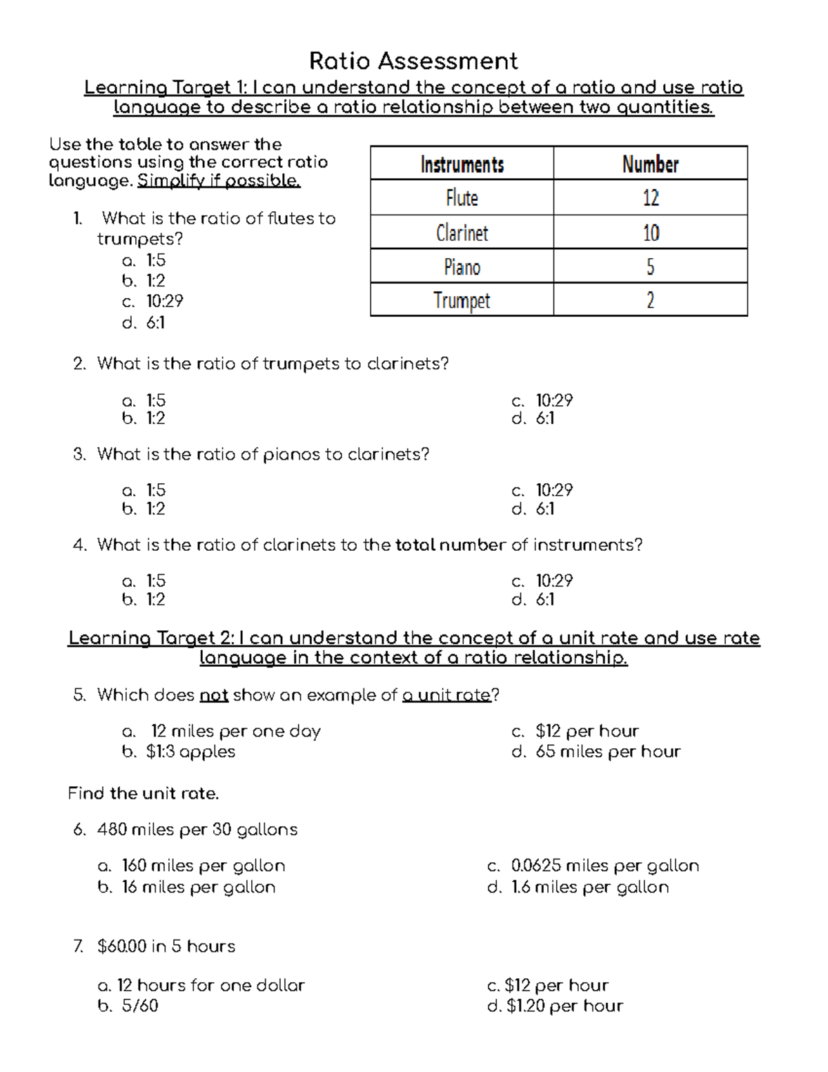 Ratio Assessment (Mastery Connect) - Learning Targets & Questions - Studocu