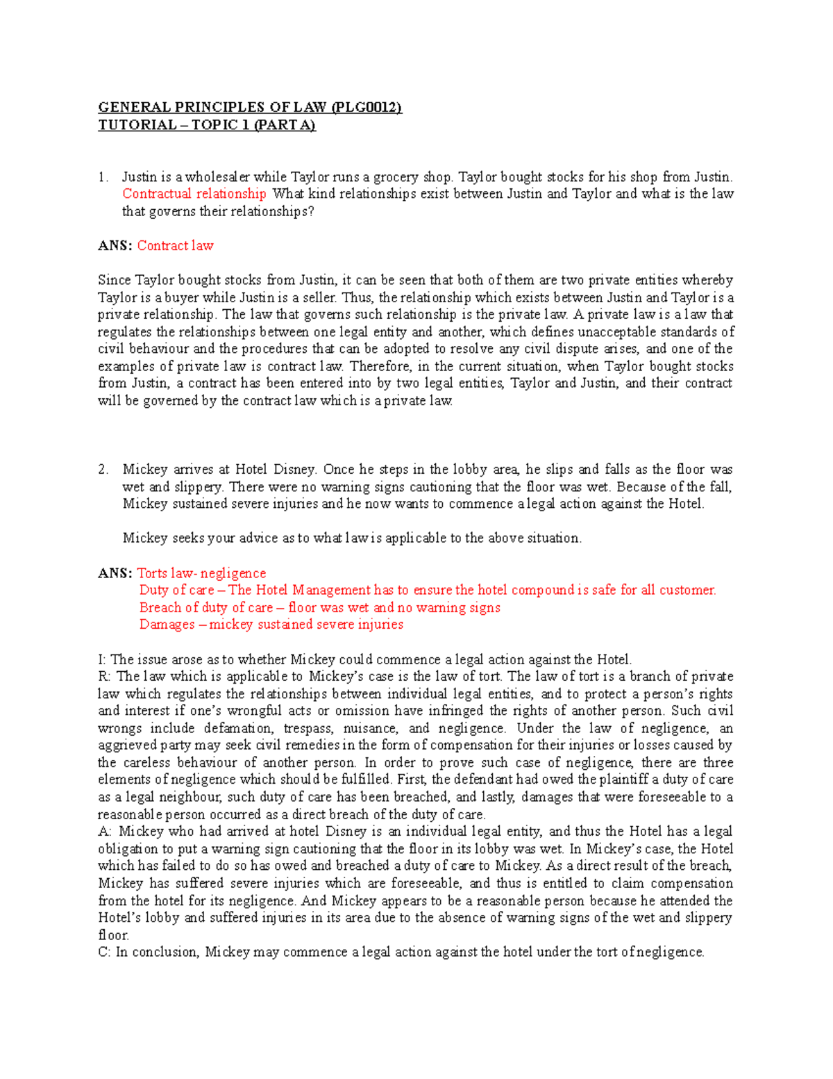 PLG0012 TUT 1 - General Principles of Law: Contract & Tort Basics - Studocu