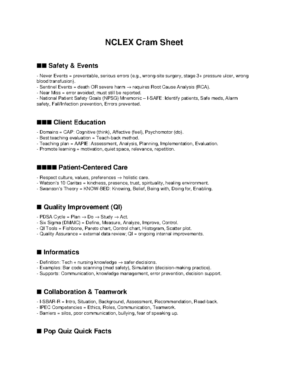 NCLEX Cram Sheet: Safety Events & Quality Improvement Strategies - Studocu