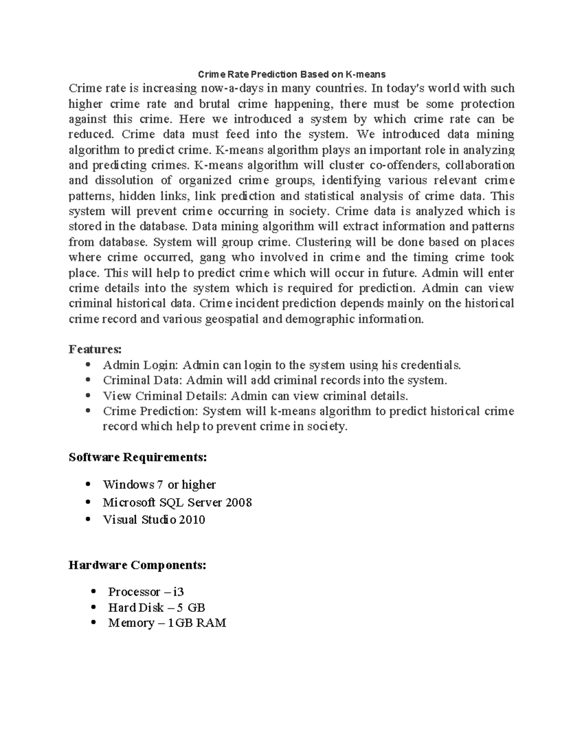 Sw A78 - Crime Rate Prediction Using K-means Algorithm Overview - Studocu