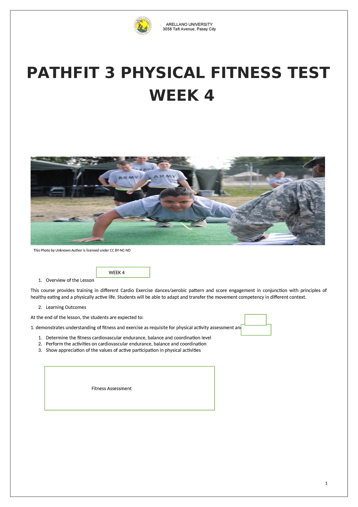 ARELLANO UNIVERSITY PATHFIT 3 Week 4 Physical Fitness Test Guide - Studocu