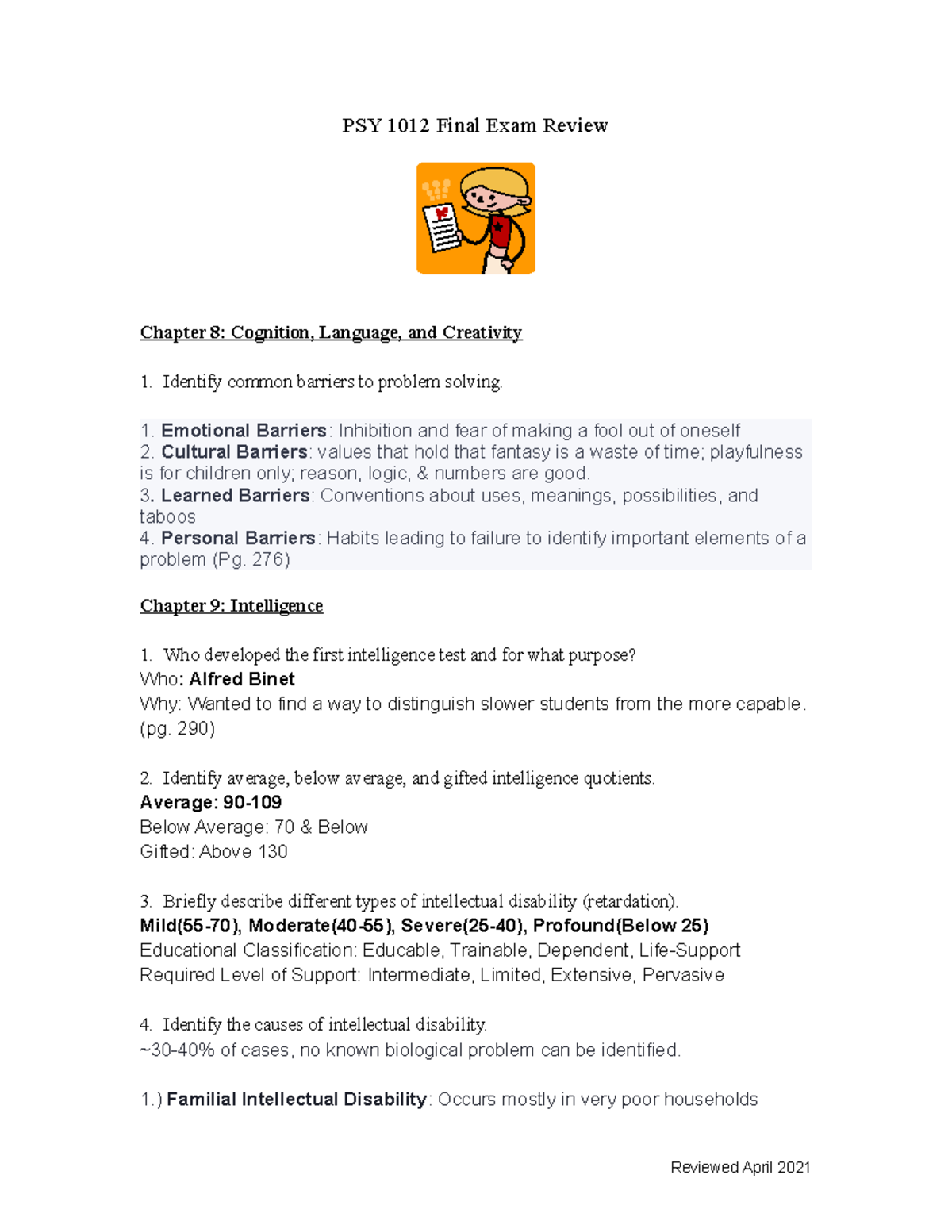 PSY 1012 Final Exam Review: Key Concepts and Answers - Studocu