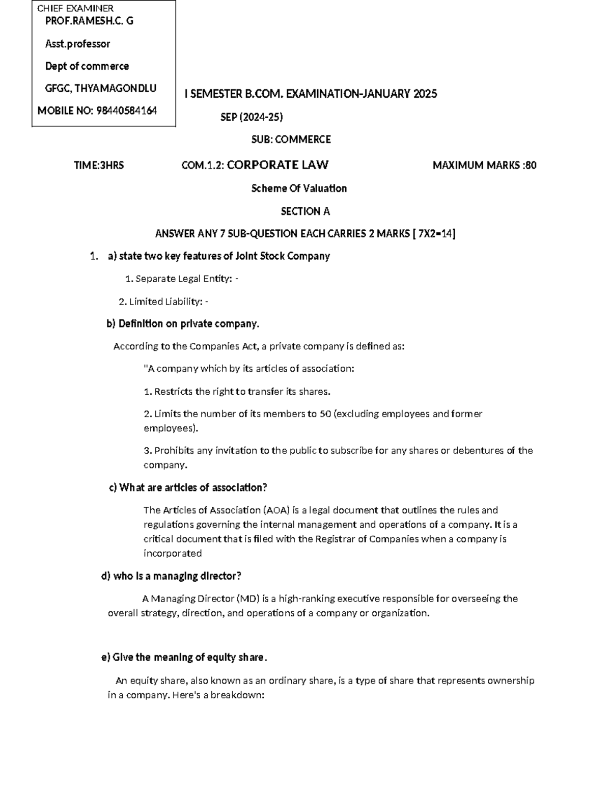 I Sem B.Com 2025: Corporate Law Exam Notes - Studocu