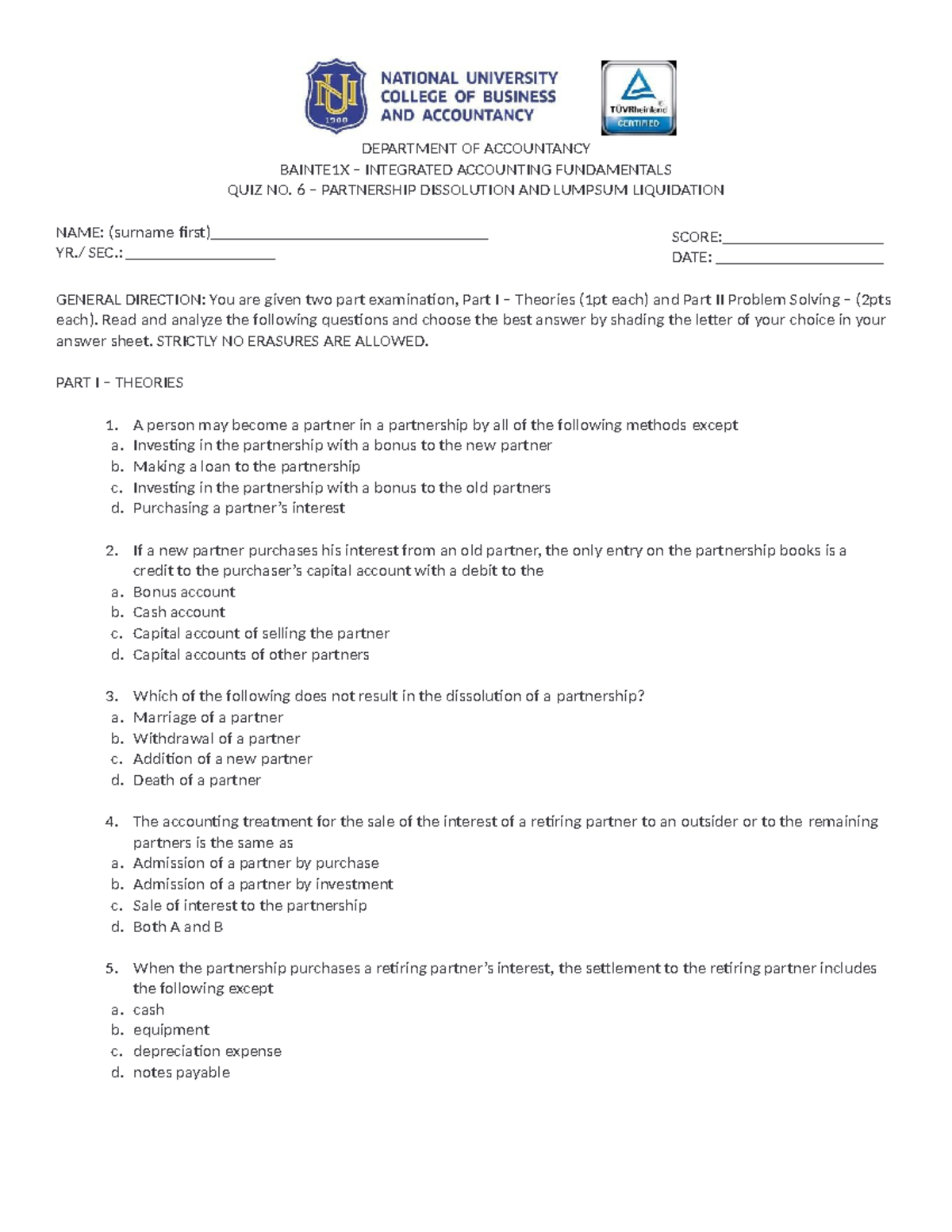 Partnership Accounting Quiz No. 6: Dissolution & Liquidation Solutions - Document Preview