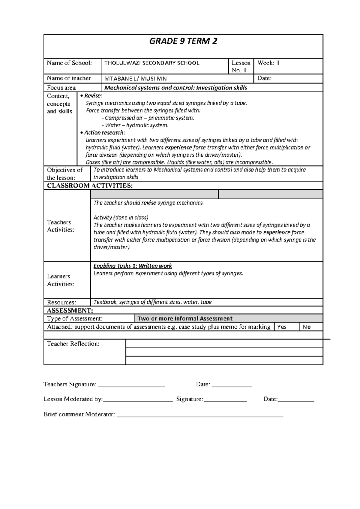 GRADE 9 TERM 2 MECHANICAL SYSTEMS & CONTROL LESSON PLANS - Studocu