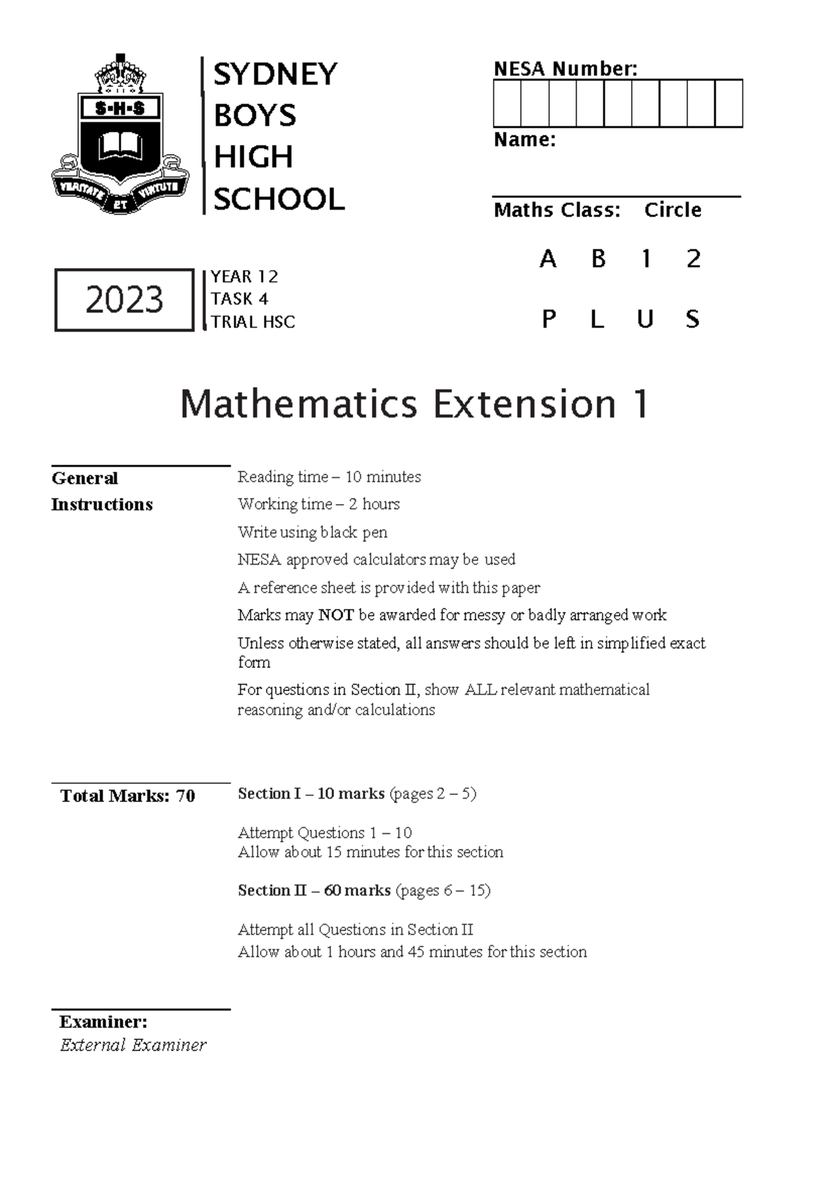 SBHS 2023 Y12 Maths Extension 1 Trial HSC Exam Paper - Studocu