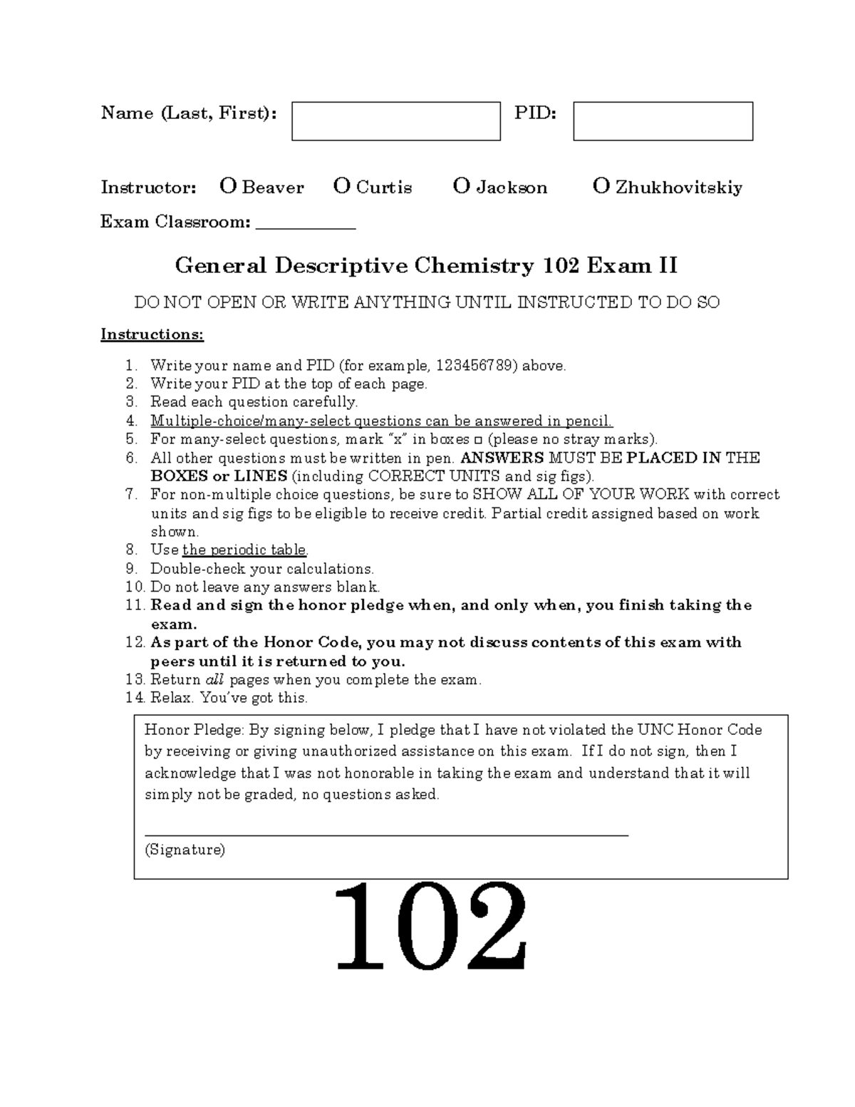 General Descriptive Chemistry 102 Exam II Instructions and Questions ...