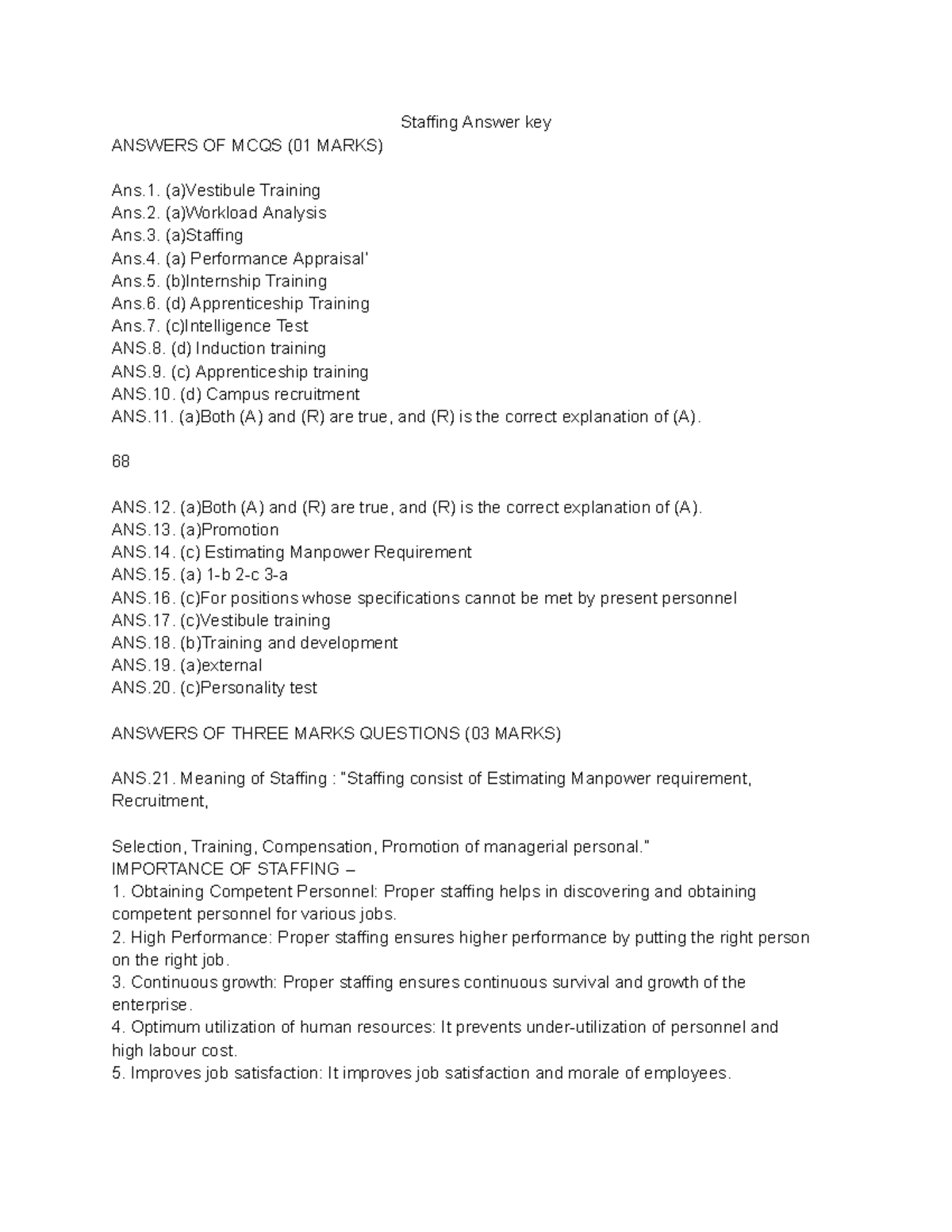 Staffing Answer Key: MCQs and Explanations for Exam Prep - Studocu