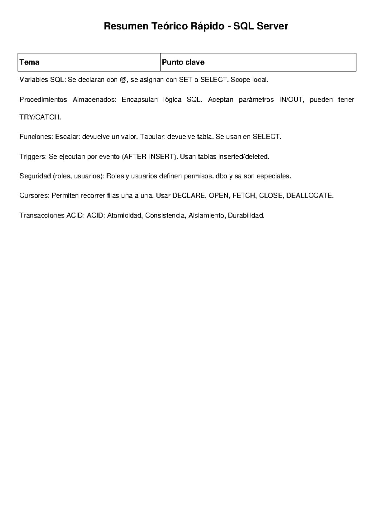 Resumen teorico sql server - Resumen Teórico Rápido - SQL Server Tema ...