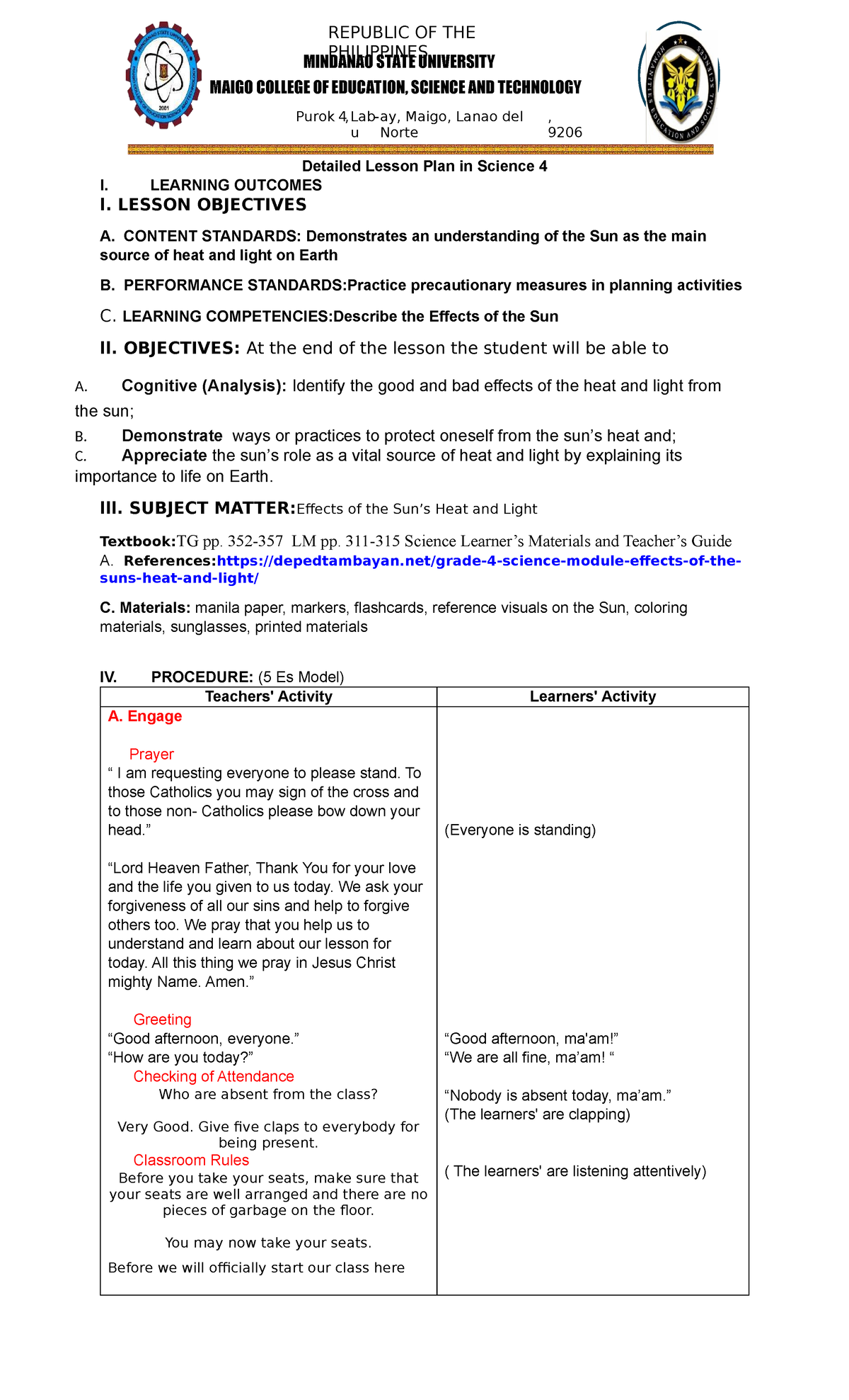 Detailed Lesson Plan in Science 4: Effects of the Sun - Studocu
