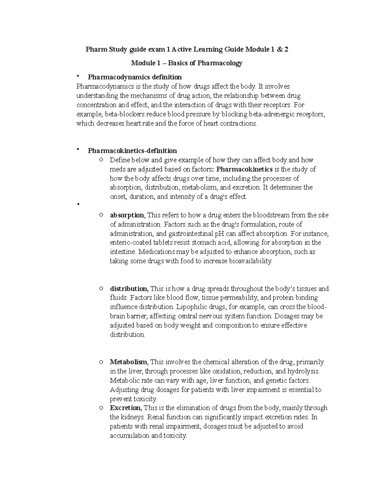 Pharm 101 - Exam 1 Comprehensive Review Study Guide - Studocu