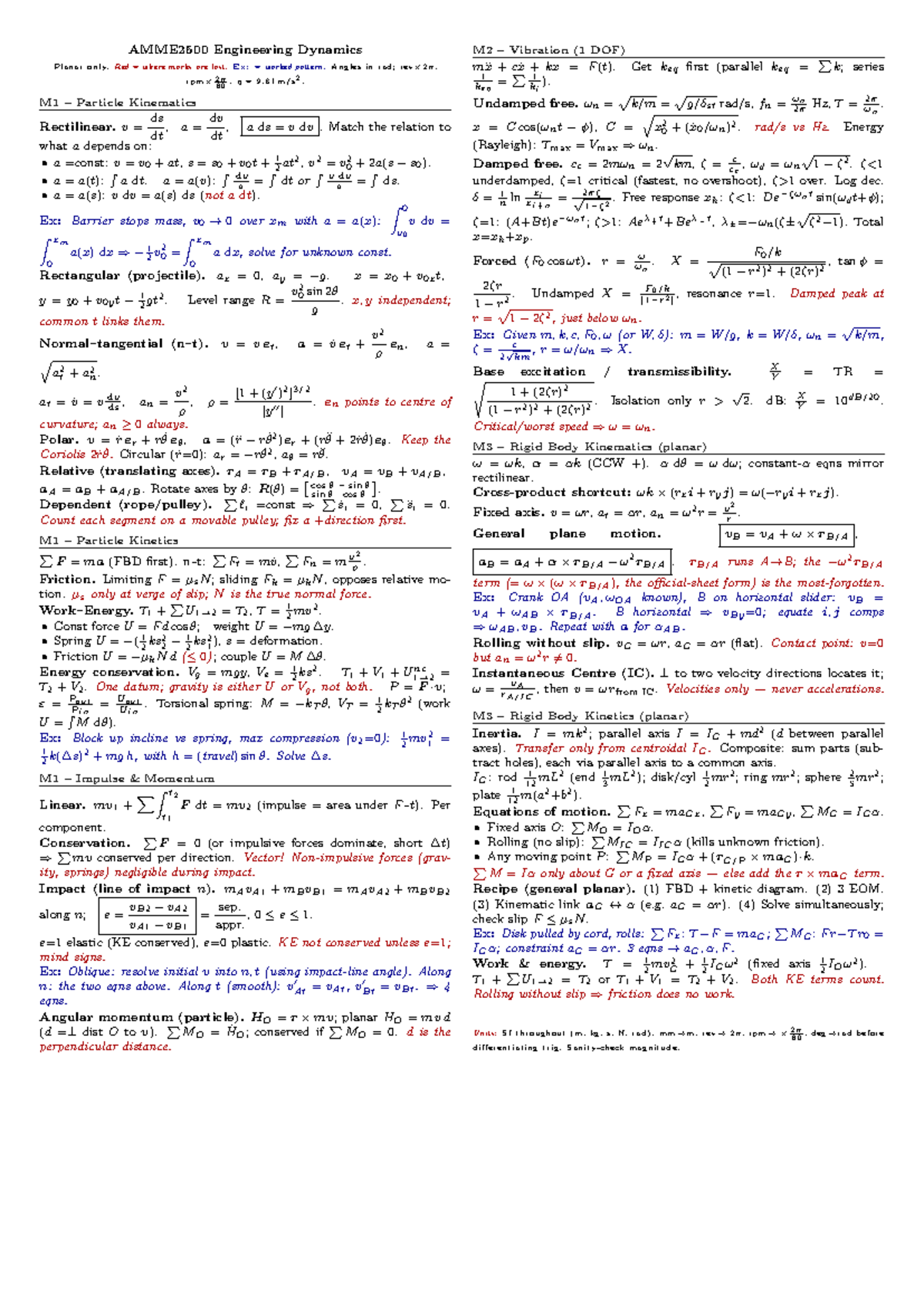 AMME2500 Engineering Dynamics M2 Vibration Cheat Sheet - Studocu