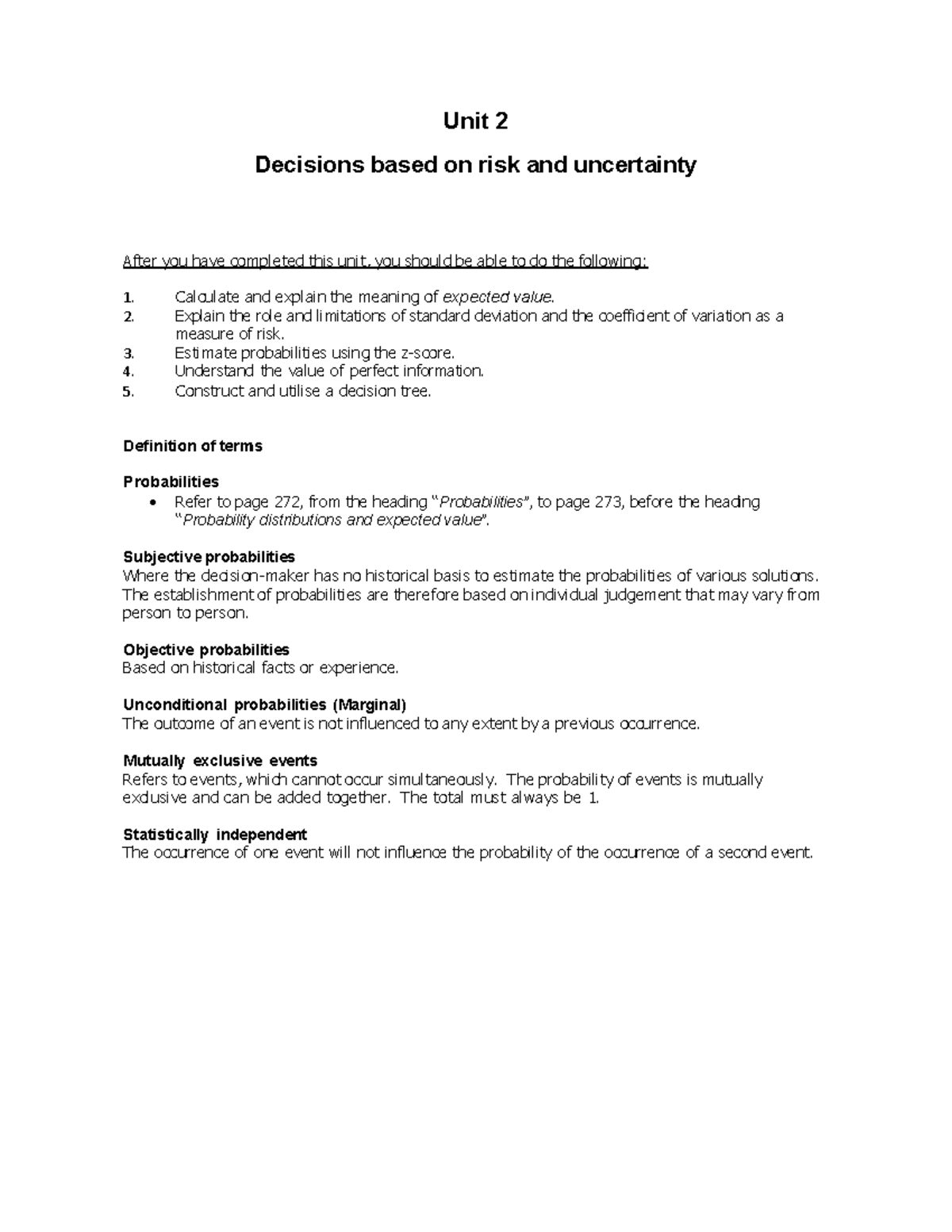 Unit 2: Decisions Under Risk & Uncertainty - Key Concepts and ...
