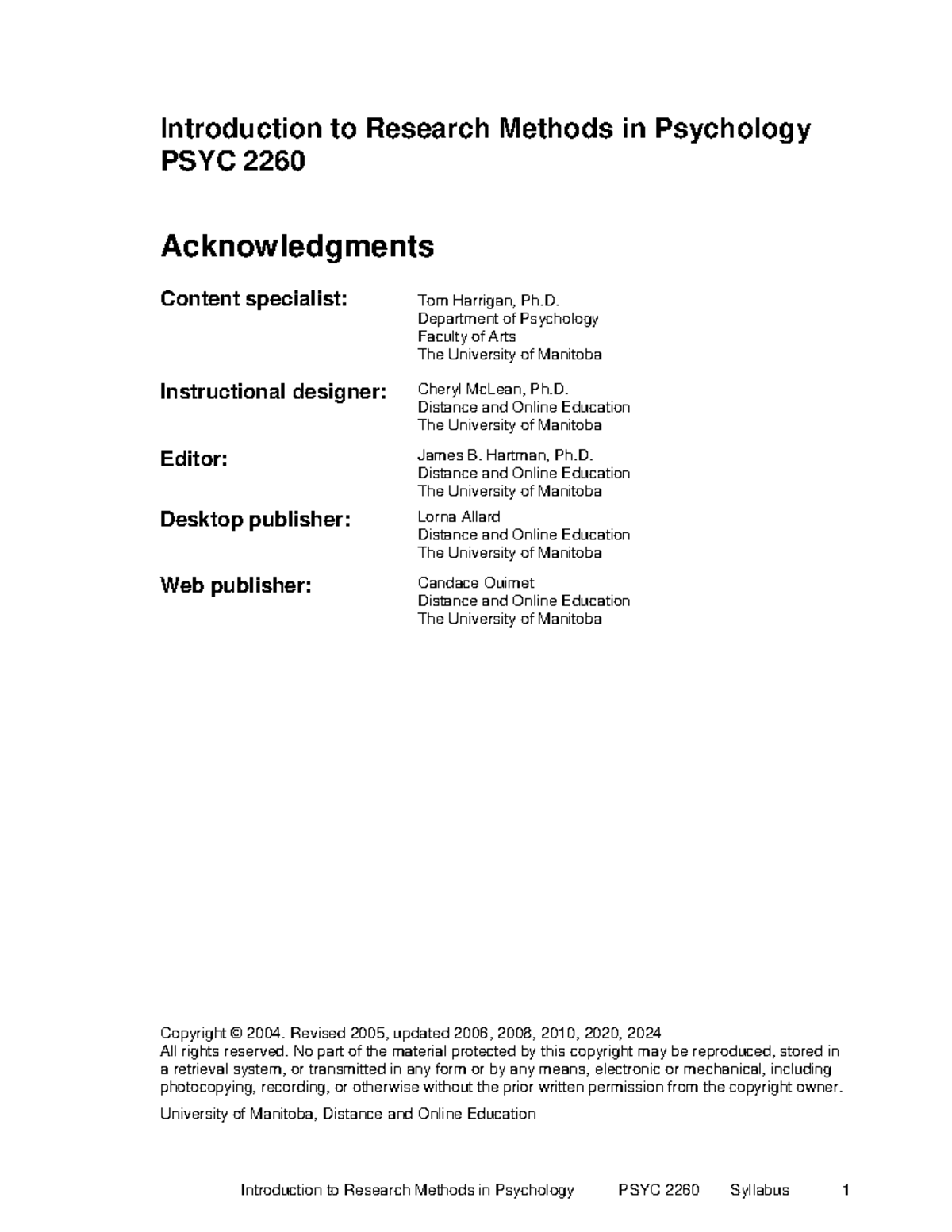PSYC 2260 D01 Syllabus: Research Methods in Psychology (Jan-Apr 2025 ...