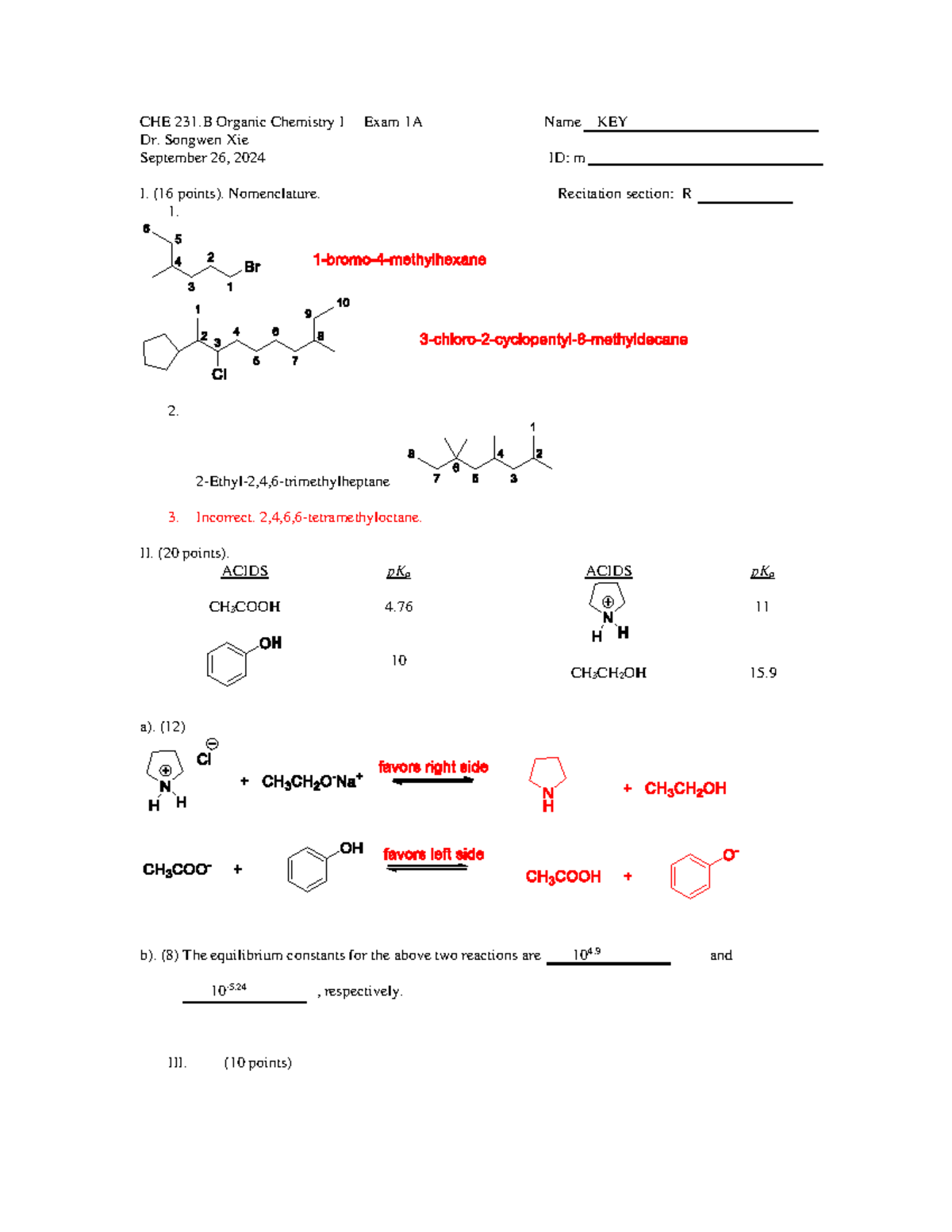 CHE 231 Organic Chemistry I Exam 1A Key and Solutions - Studocu