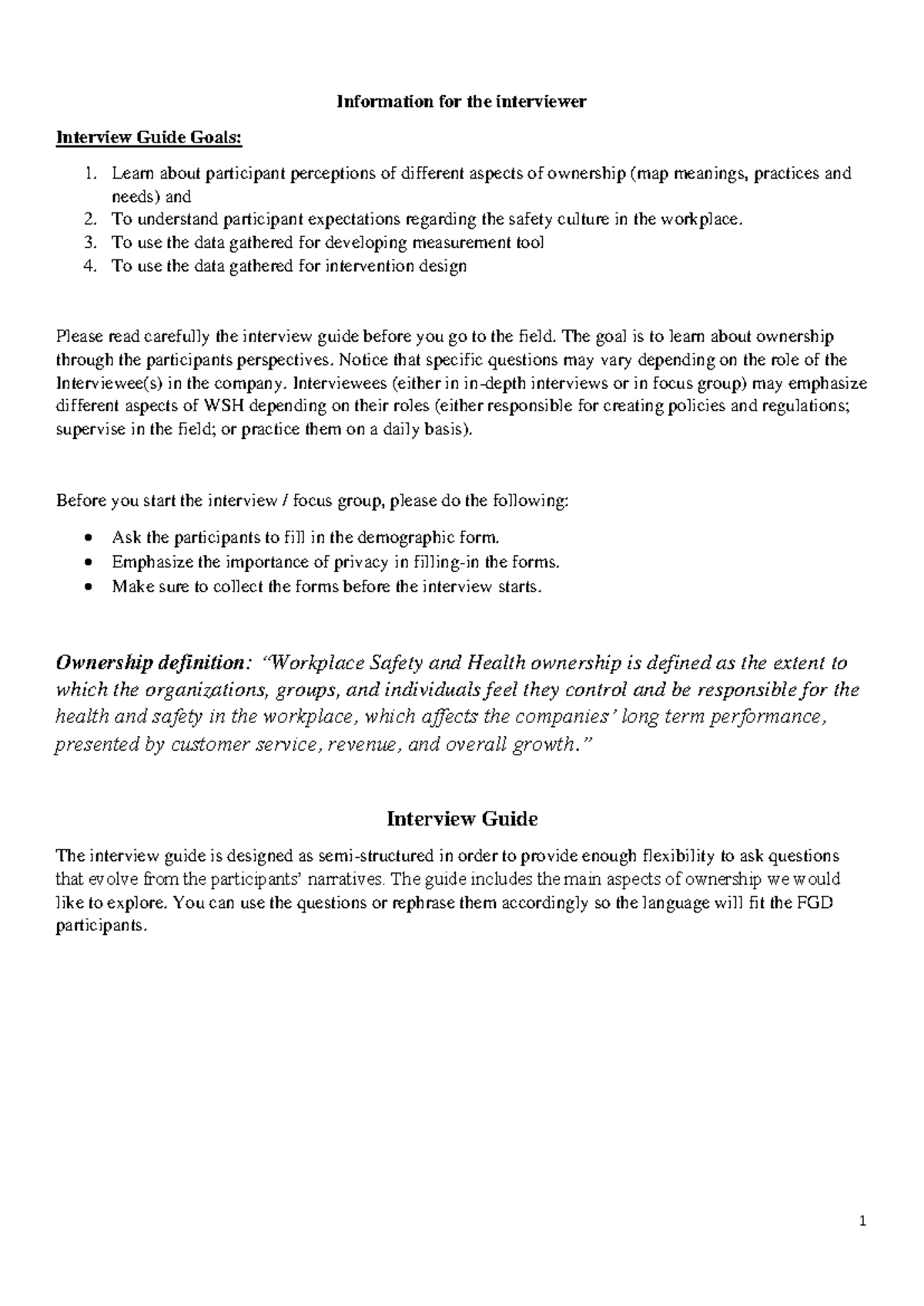 WSH Ownership Interview Guide for Moderators: Template Overview - Studocu