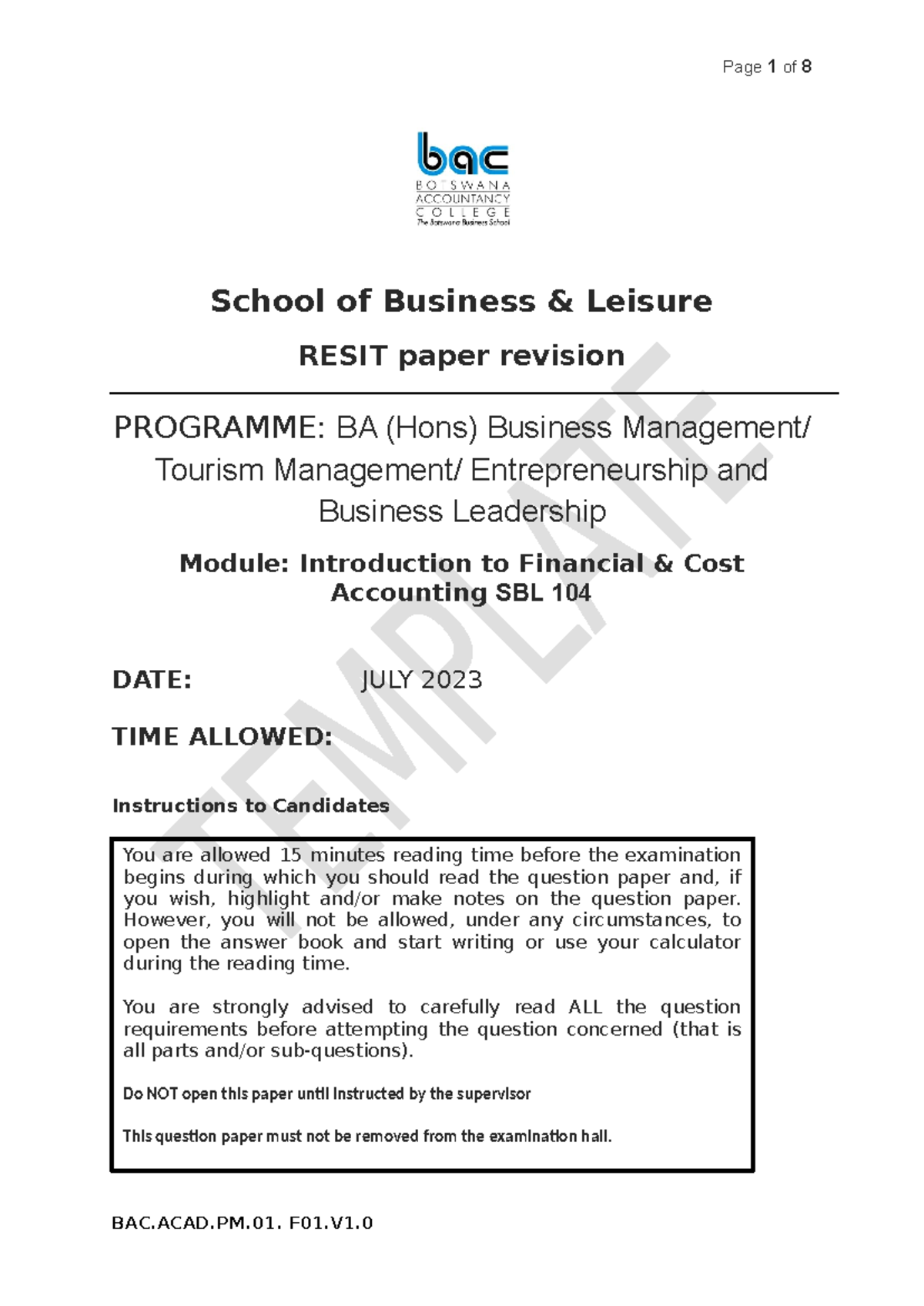 Sbl 104 revision paper 2 - School of Business & Leisure RESIT paper ...