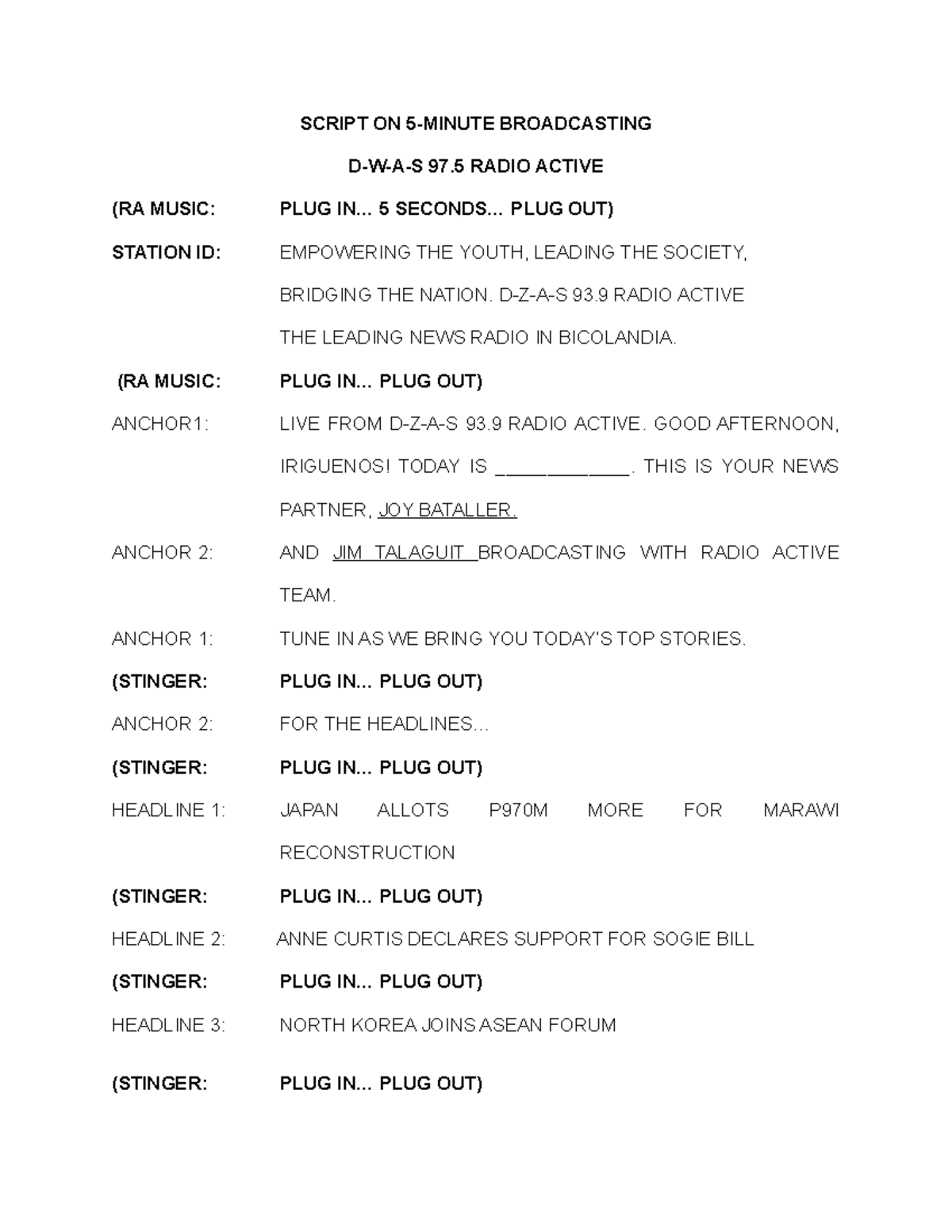 Script-ON-5 - 5-Minute Broadcast Script for D-W-A-S 97.5 Radio - Studocu