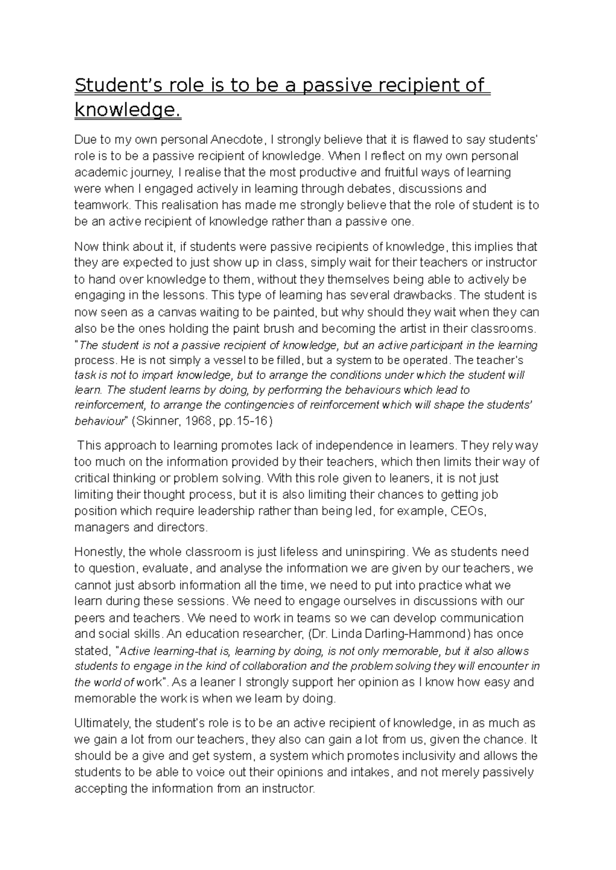 example of essay - Student’s role is to be a passive recipient of ...