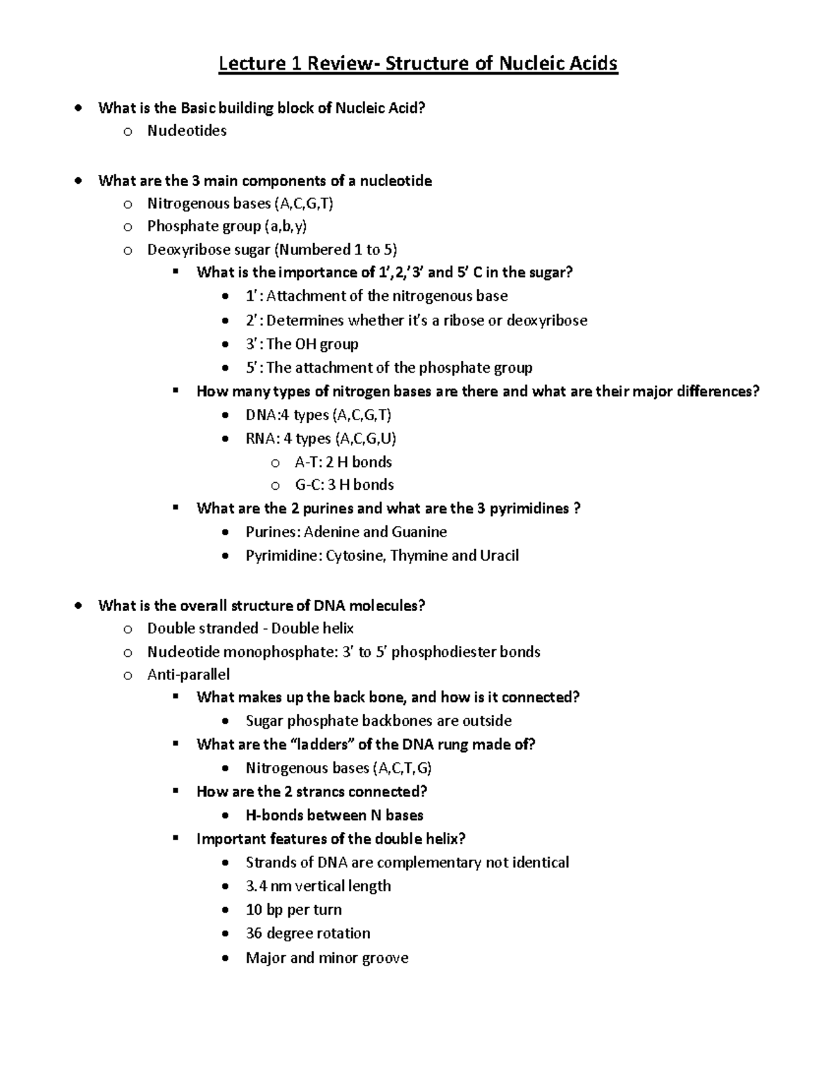 Lecture 1 Review- Nucleic acid structure review - Lecture 1 Review ...