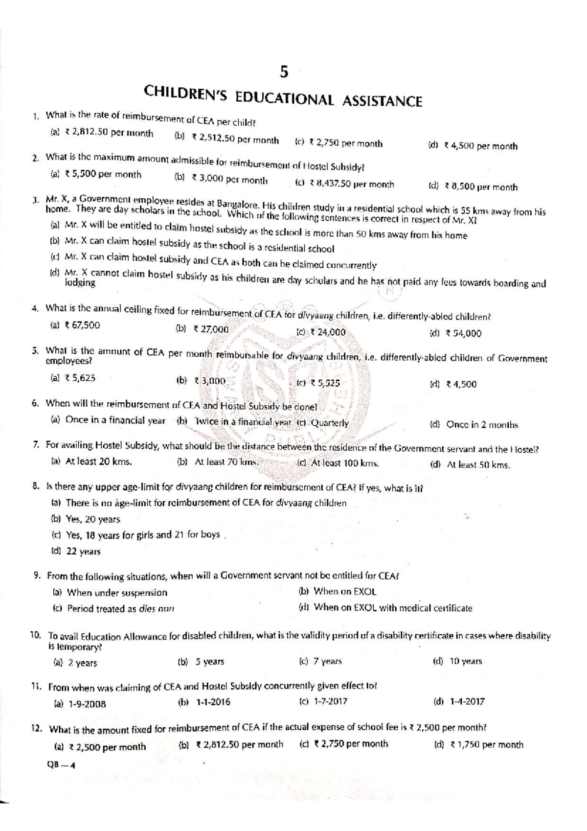 Children Education Allowance MCQ - CEA Reimbursement Guidelines - Studocu