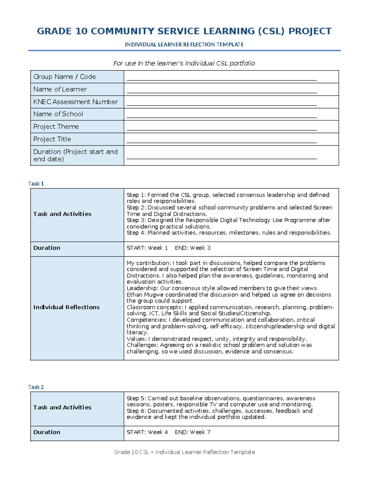 Grade 10 CSL Project: Individual Learner Reflection Template - Studocu