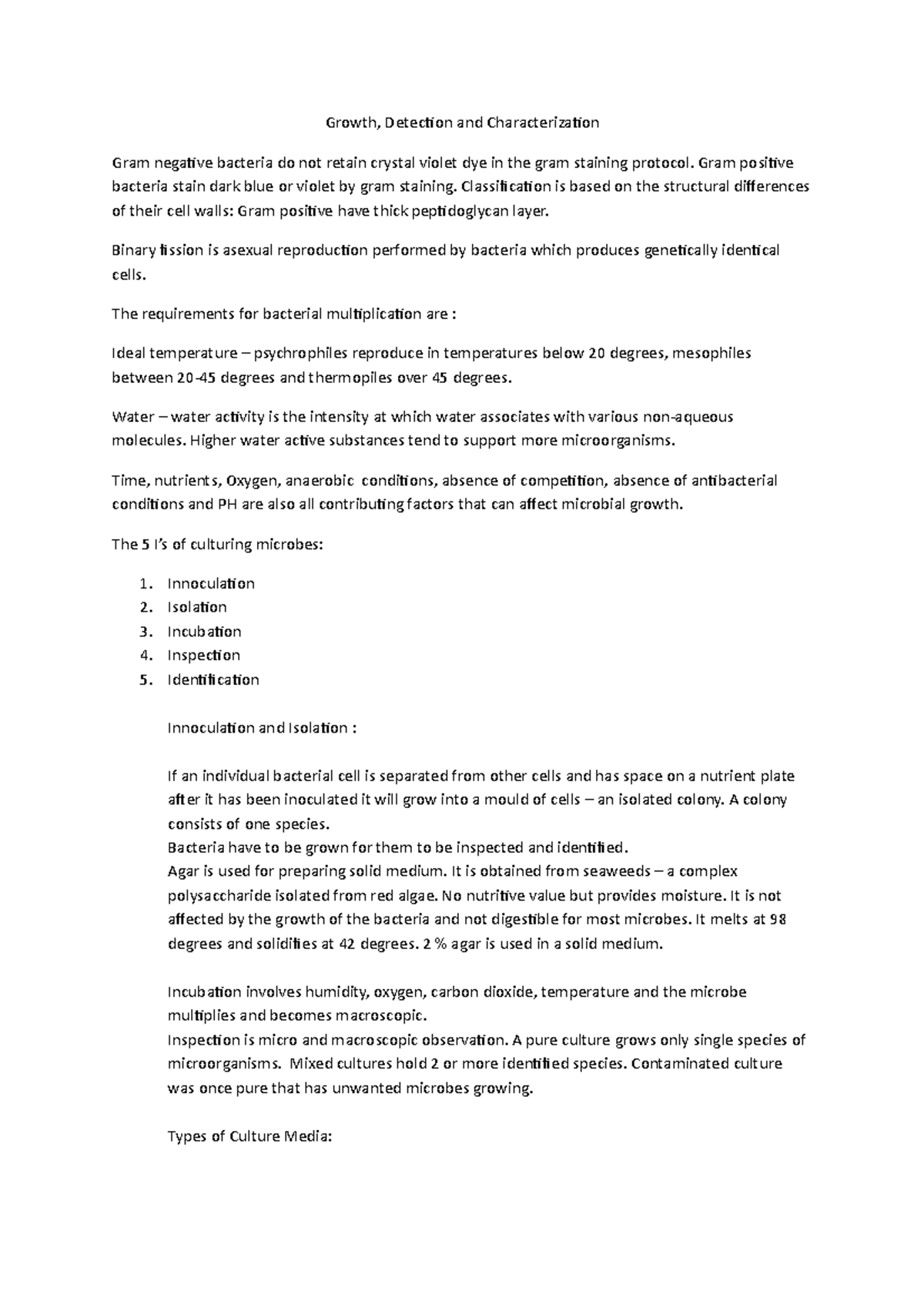 Growth of bacteria - Assignment notes - Growth, Detecion and ...