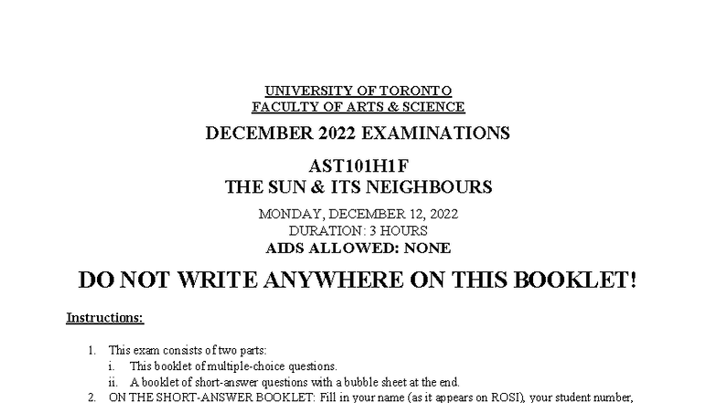 AST101H1F FALL 2022 FINAL EXAM MULTIPLE CHOICE SOLUTIONS - Studocu