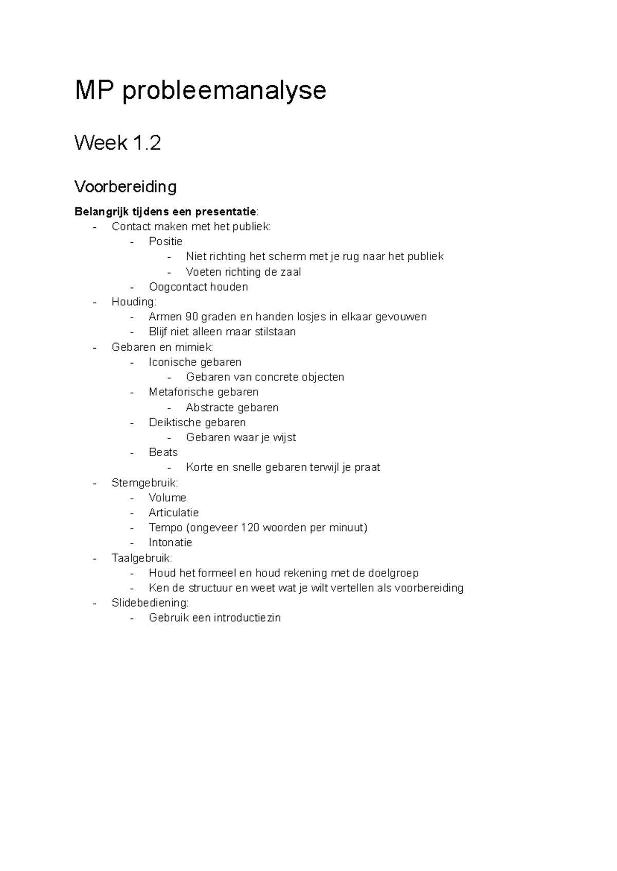MP Probleemanalyse Week 1: Presentatie Voorbereiding en Tips - Studeersnel