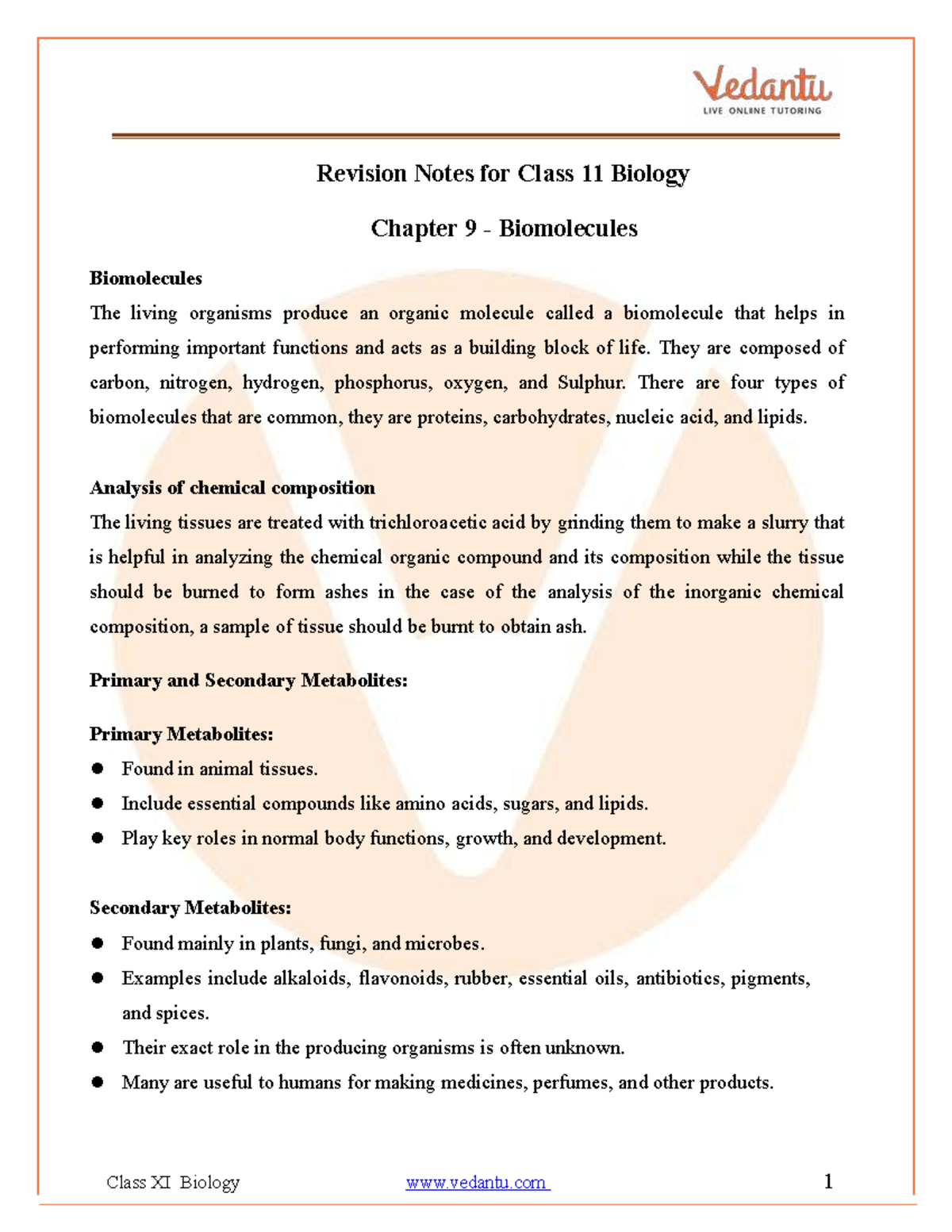 Class 11 Biology Chapter 9 Revision Notes: Biomolecules Overview - Studocu