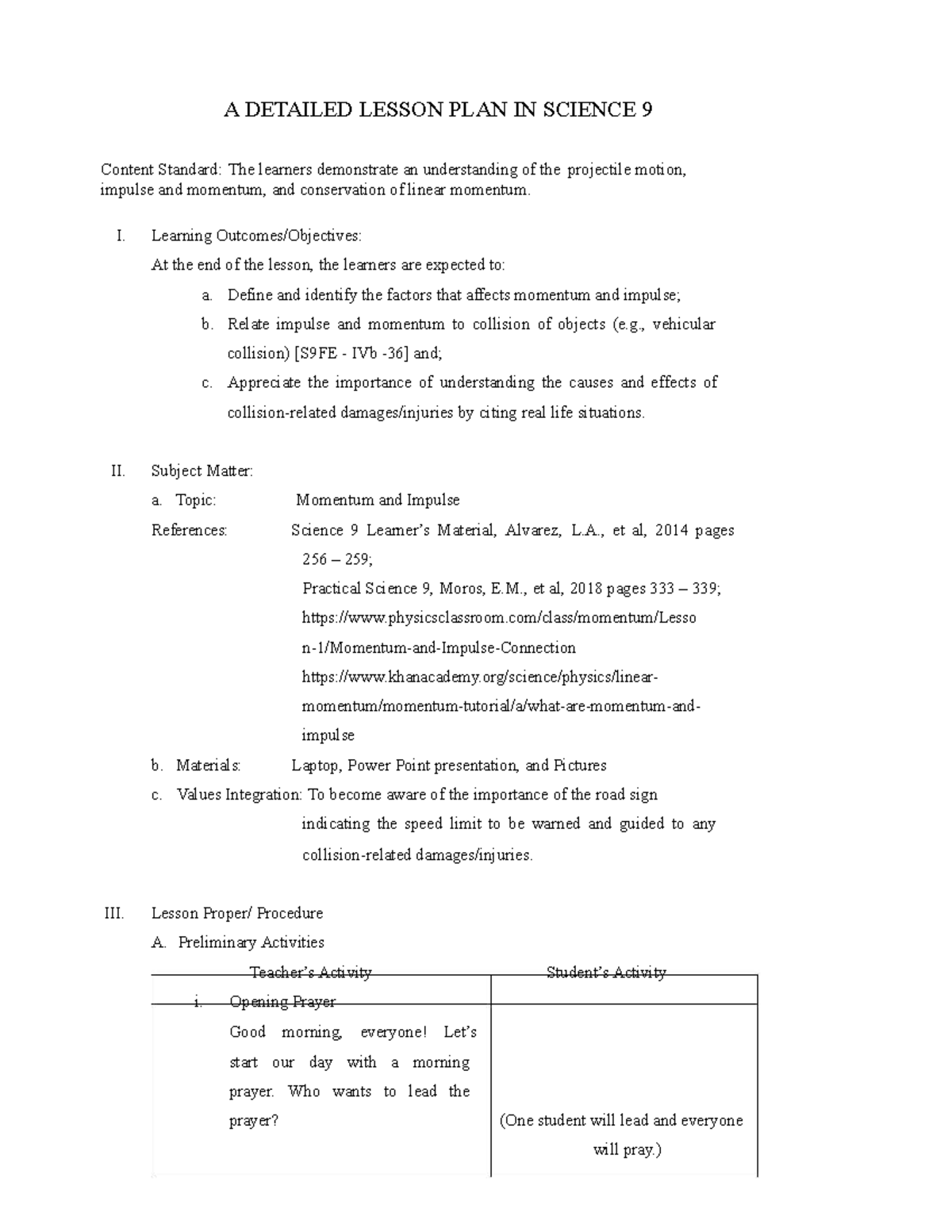 Science 9 Lesson Plan: Understanding Momentum and Impulse - Studocu