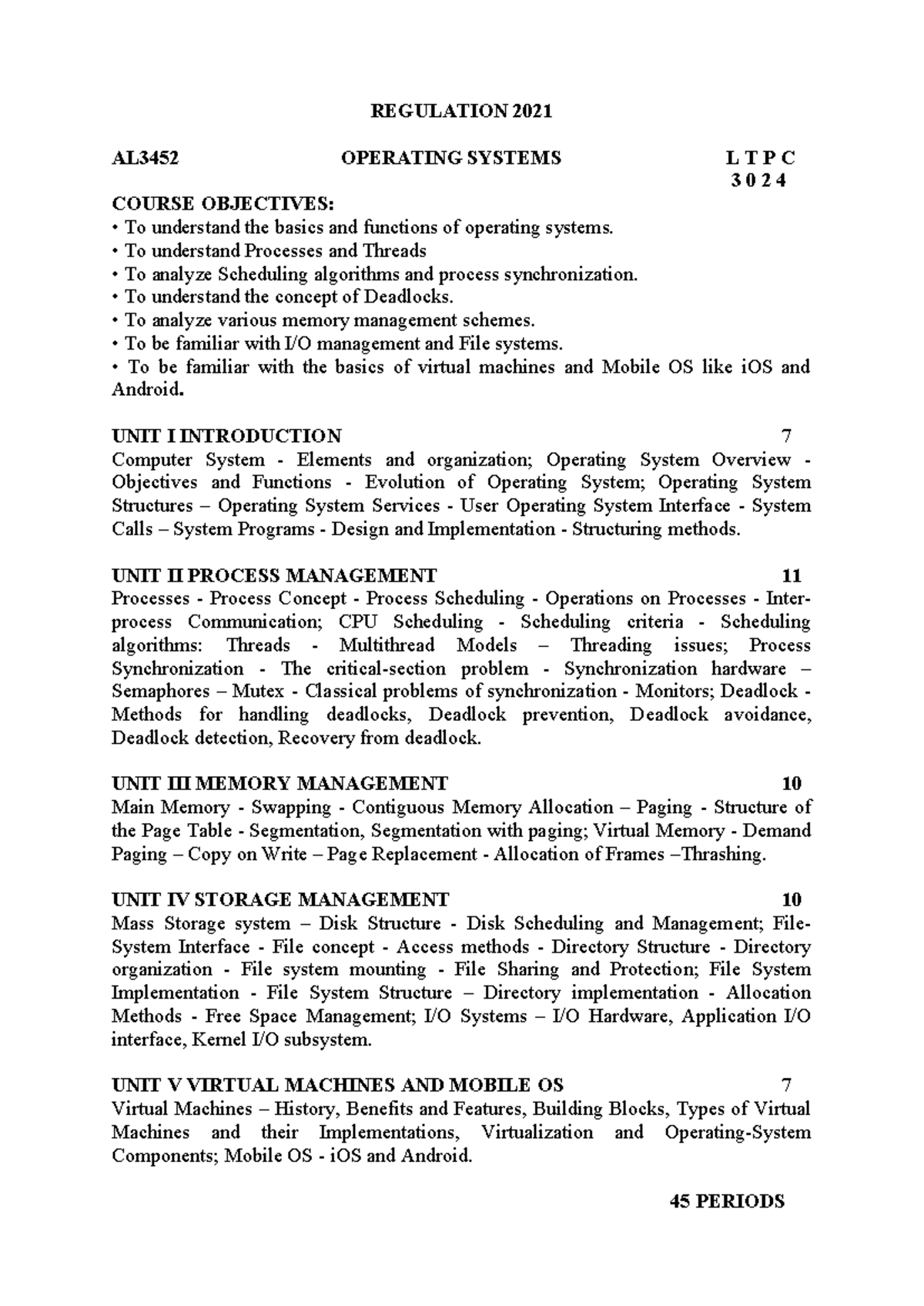 Syllabus for Operating Systems (LTPC 3024) - Course Objectives & Units ...