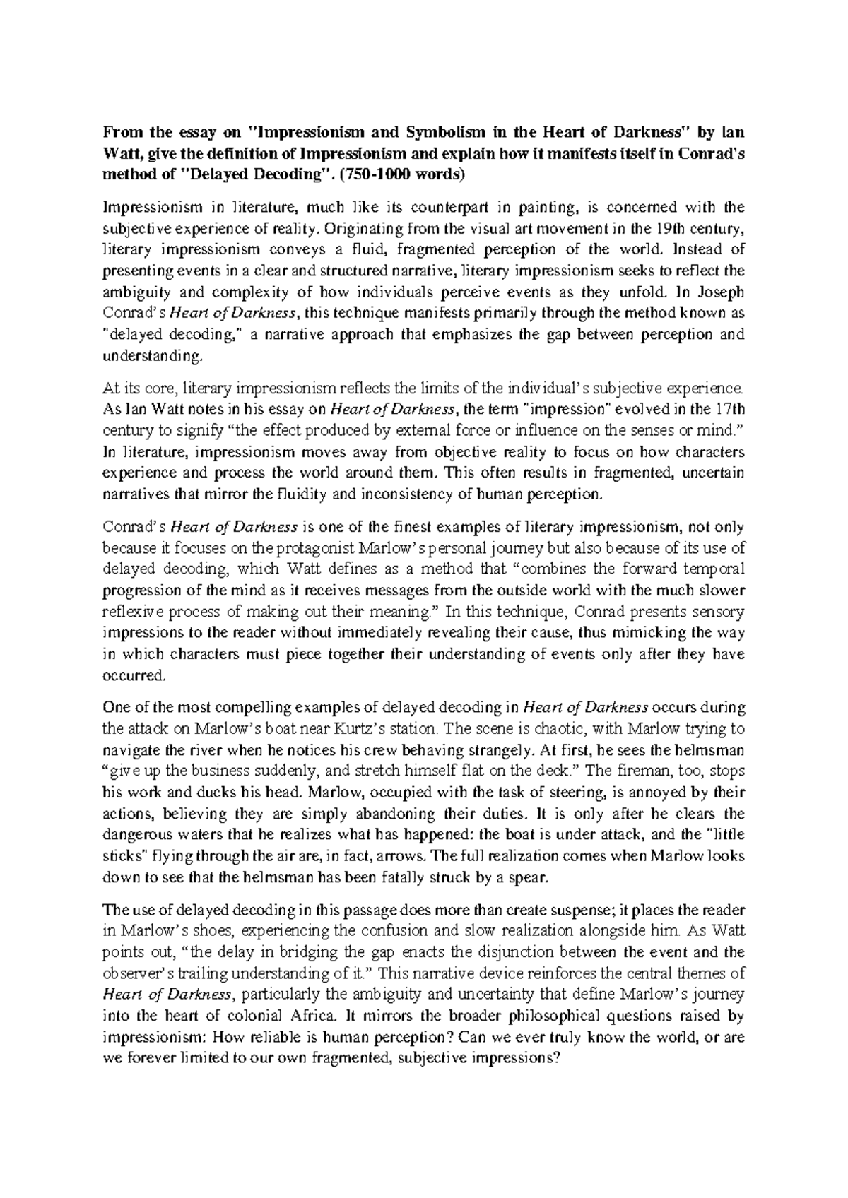 Impressionism and Delayed Decoding in Heart of Darkness Essay (ENG 201 ...