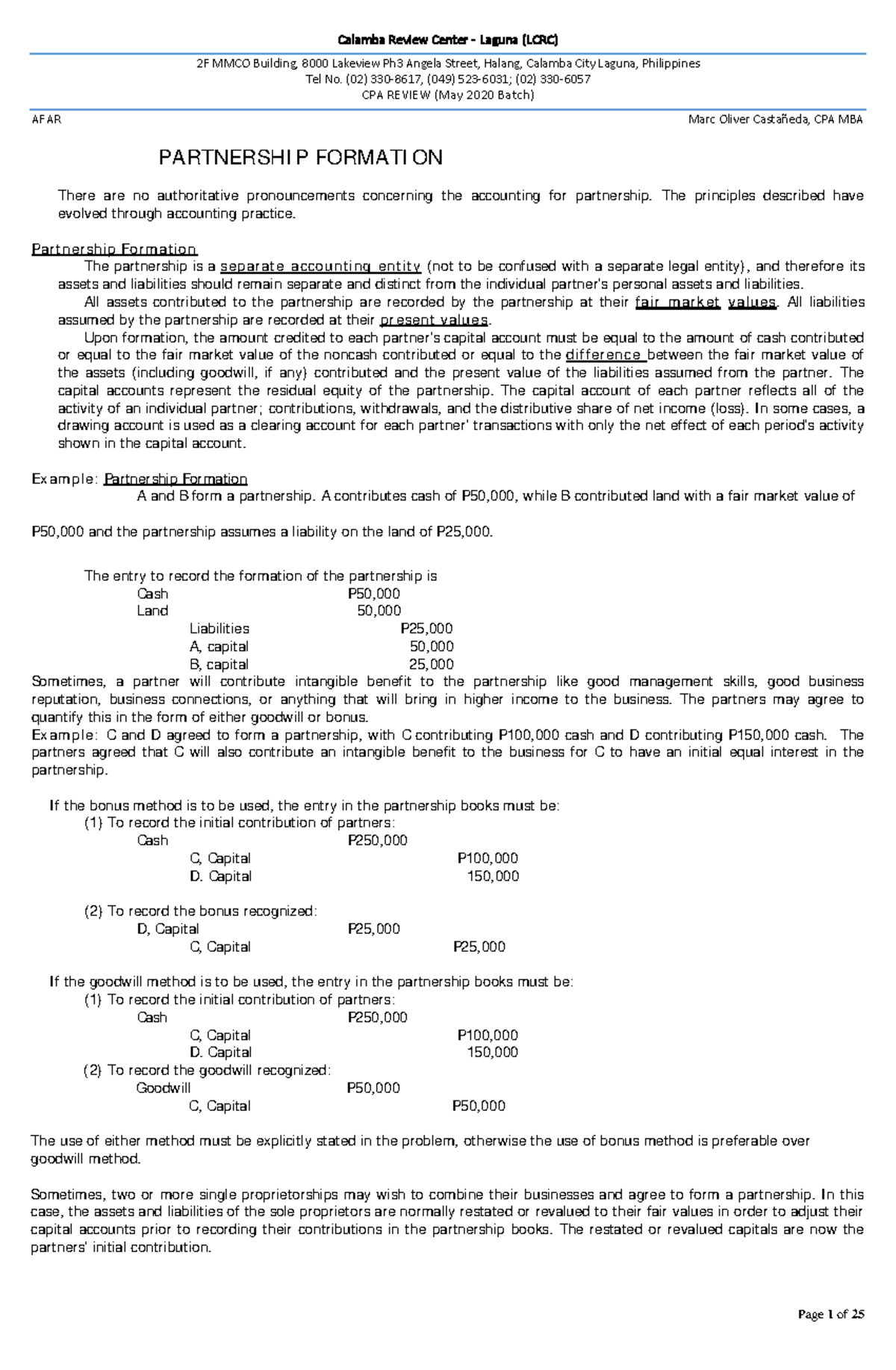 CPA 2020 Final Exam Lecture Notes - Partnership Formation Analysis ...