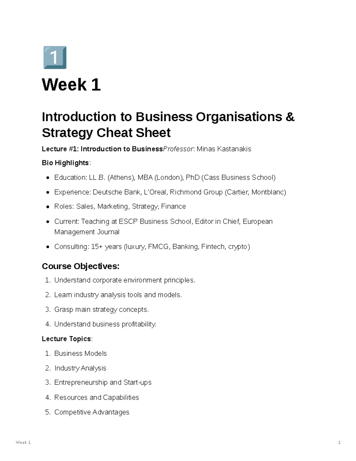 WEEK 1 - intro to business - Week 1 1 󾠮 Week 1 Introduction to Business ...