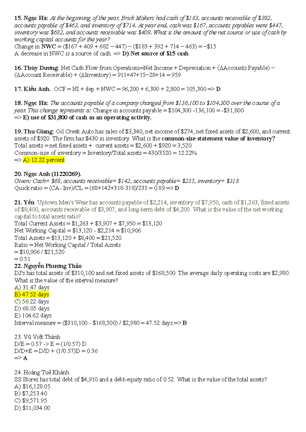 Financial Ratios Analysis and Solutions for Course Code: 15 - Studocu