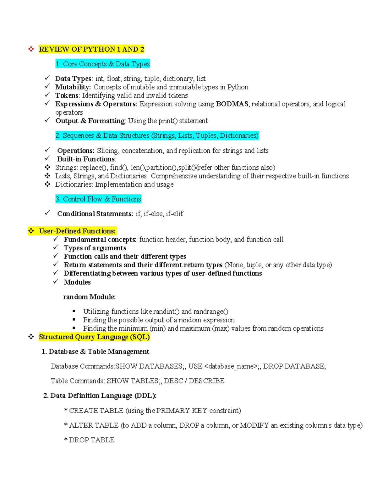 REVIEW OF PYTHON 1 & 2 FOR TERM END ASSESSMENT - Studocu