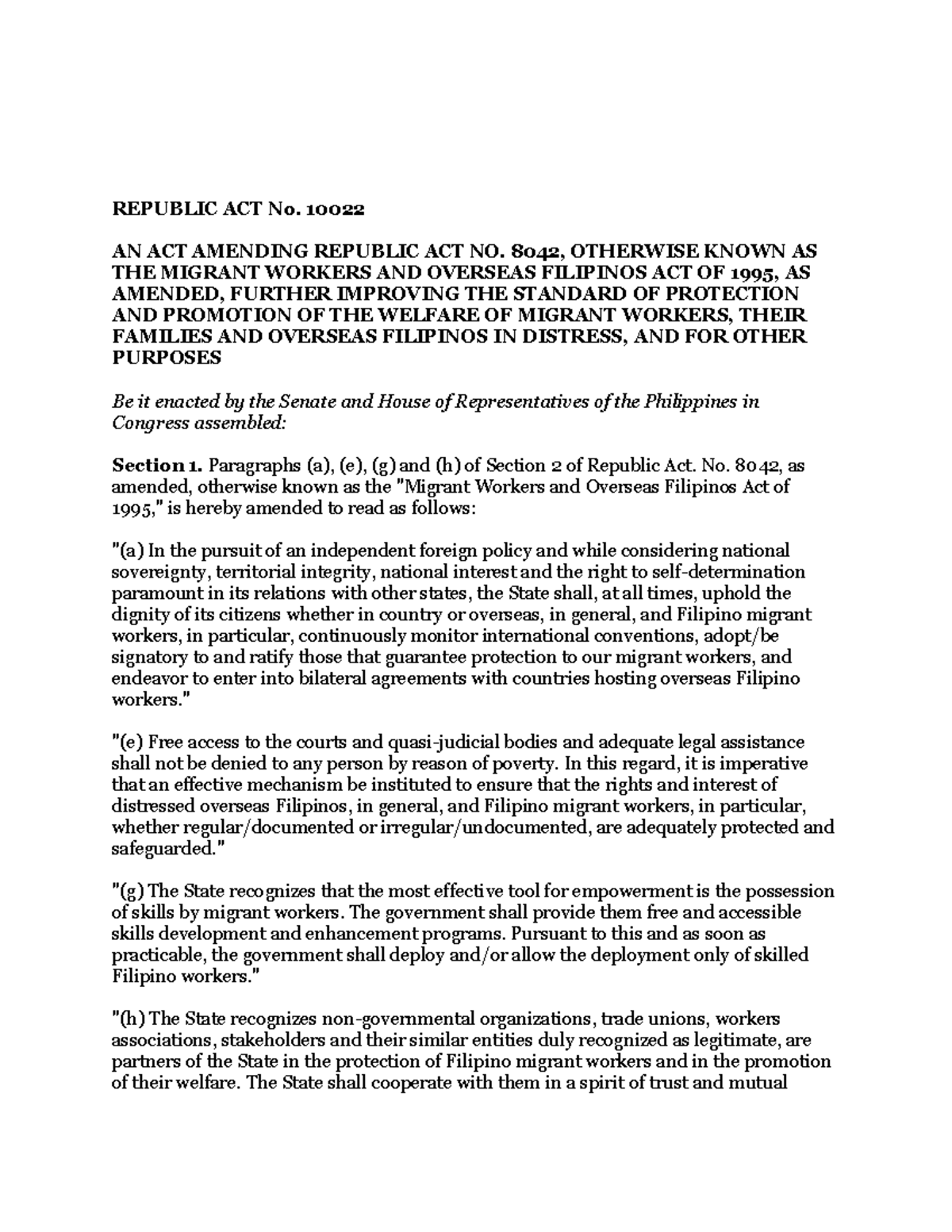 RA 10022- Migrant Workers Act - REPUBLIC ACT No. 10022 AN ACT AMENDING ...