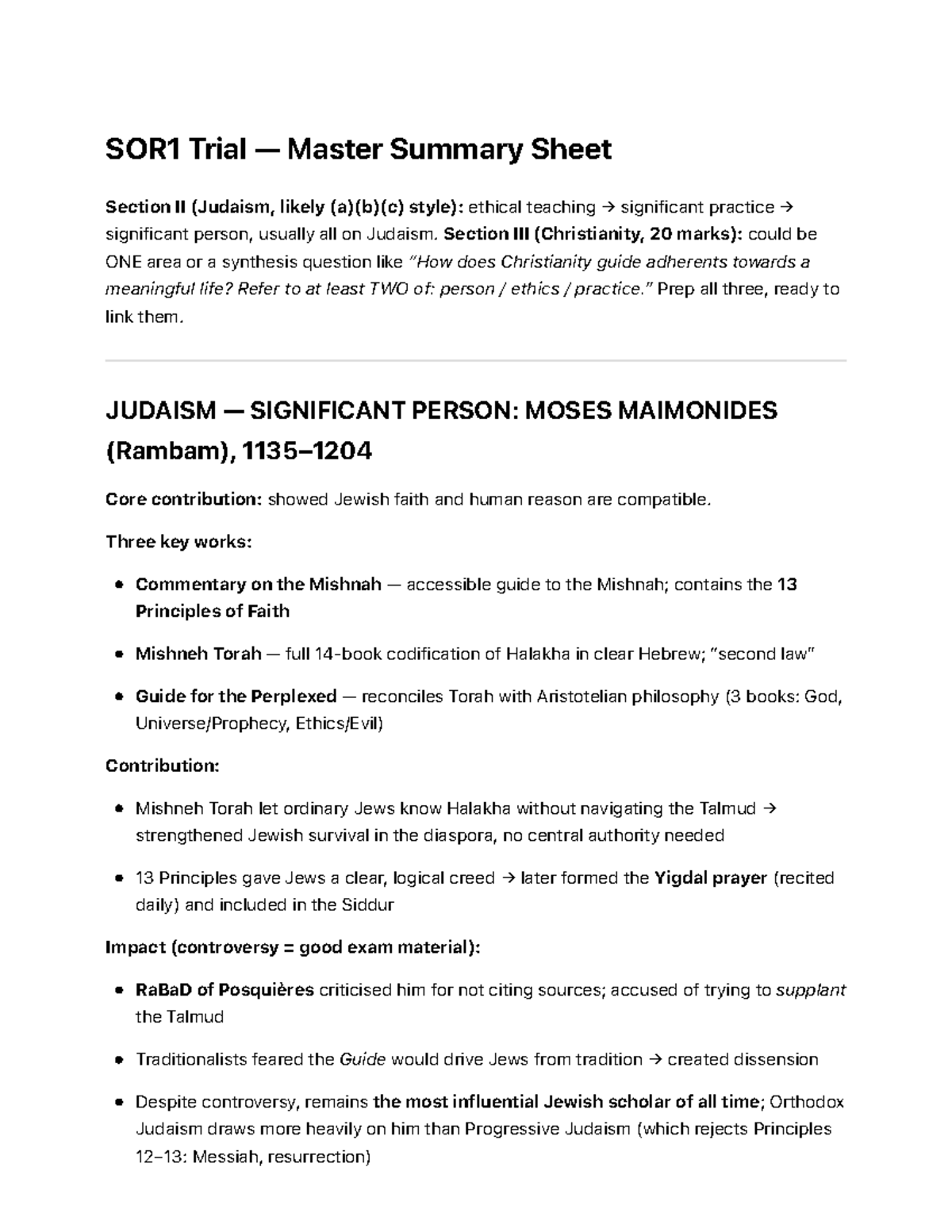 SOR1 Trial Summary Sheet: Judaism and Christianity Ethical Teachings ...