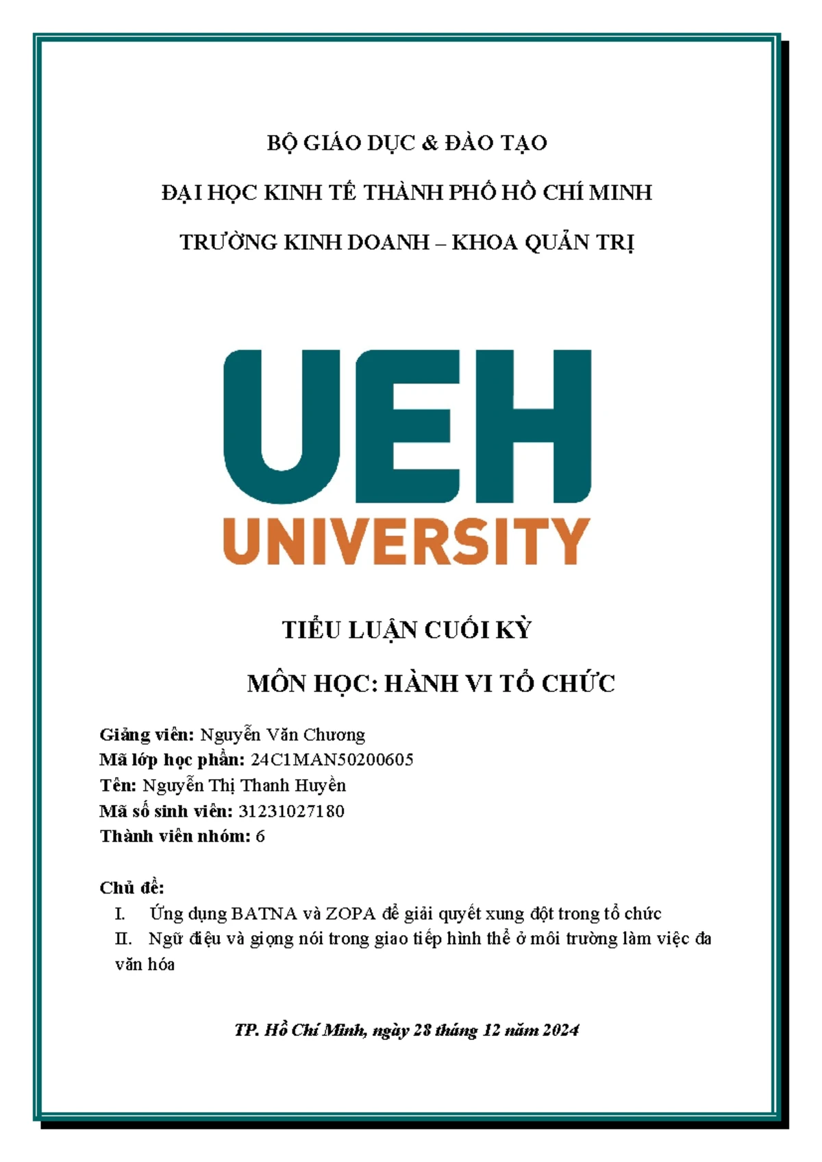 Trang bia mau bia tieu luan - Ð ẠI H ỌC UEH TR ƯỜNG KINH DOANH UEH KHOA ...