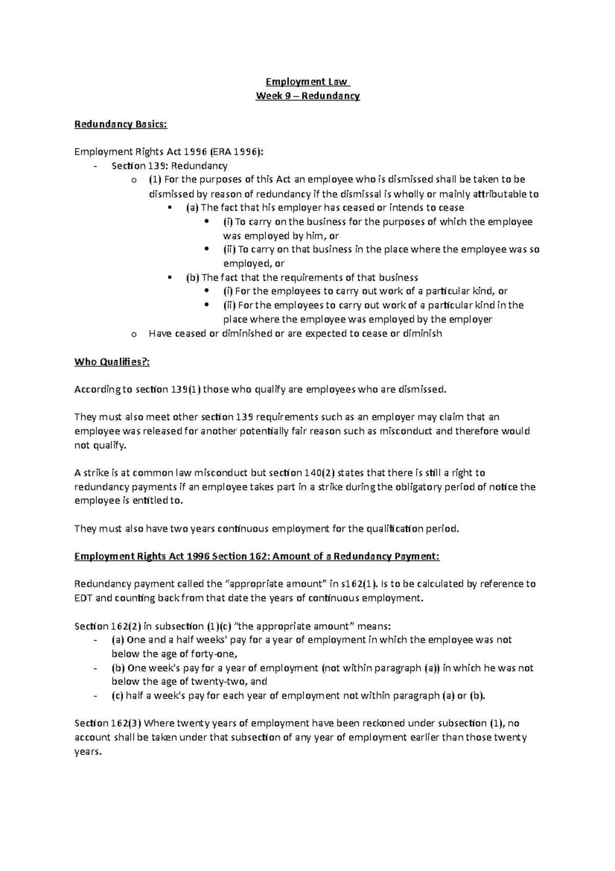 Employment Law - Week 10 - Redundancy Basics and Qualifications - Studocu