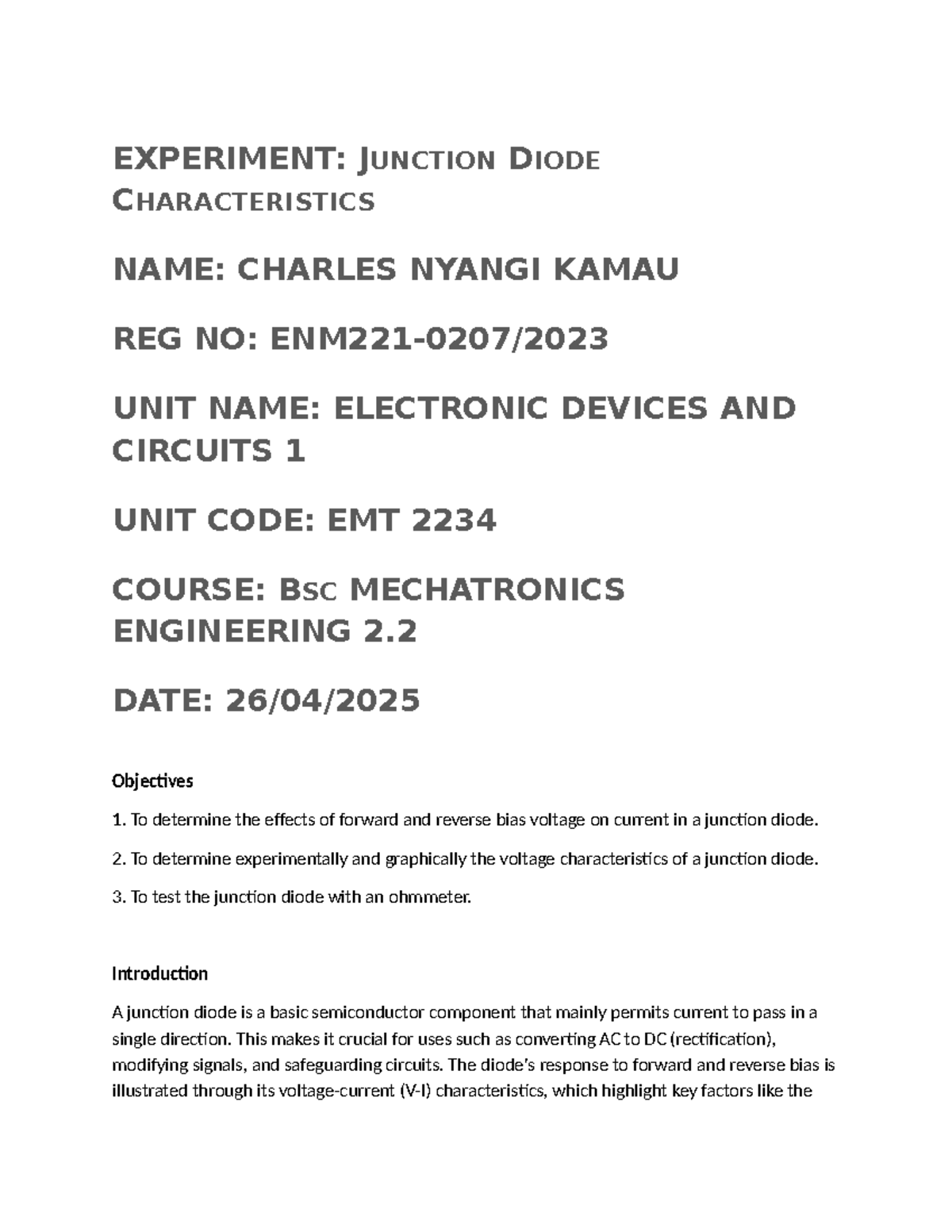 Diode Characteristics Experiment Report - EMT 2234 - Studocu