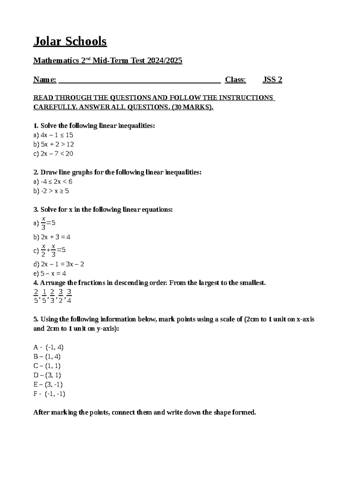 Maths Test JSS2 - 2nd Test on Linear Inequalities and Graphs - Studocu